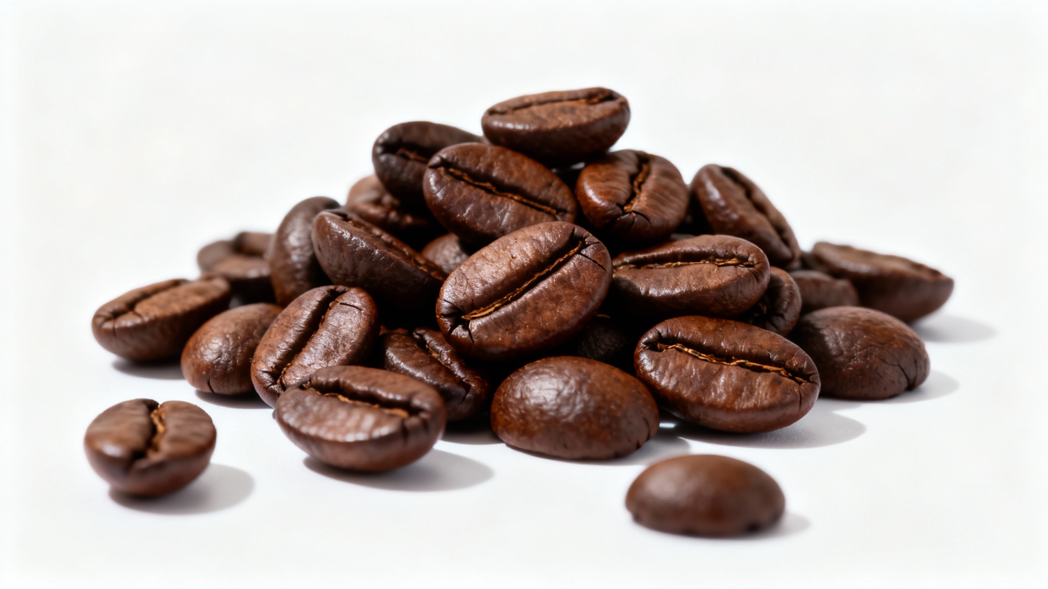 A professional, high-resolution macro photograph of a small pile of freshly roasted coffee beans on a clean white background, highlighting their rich color and glossy texture.
