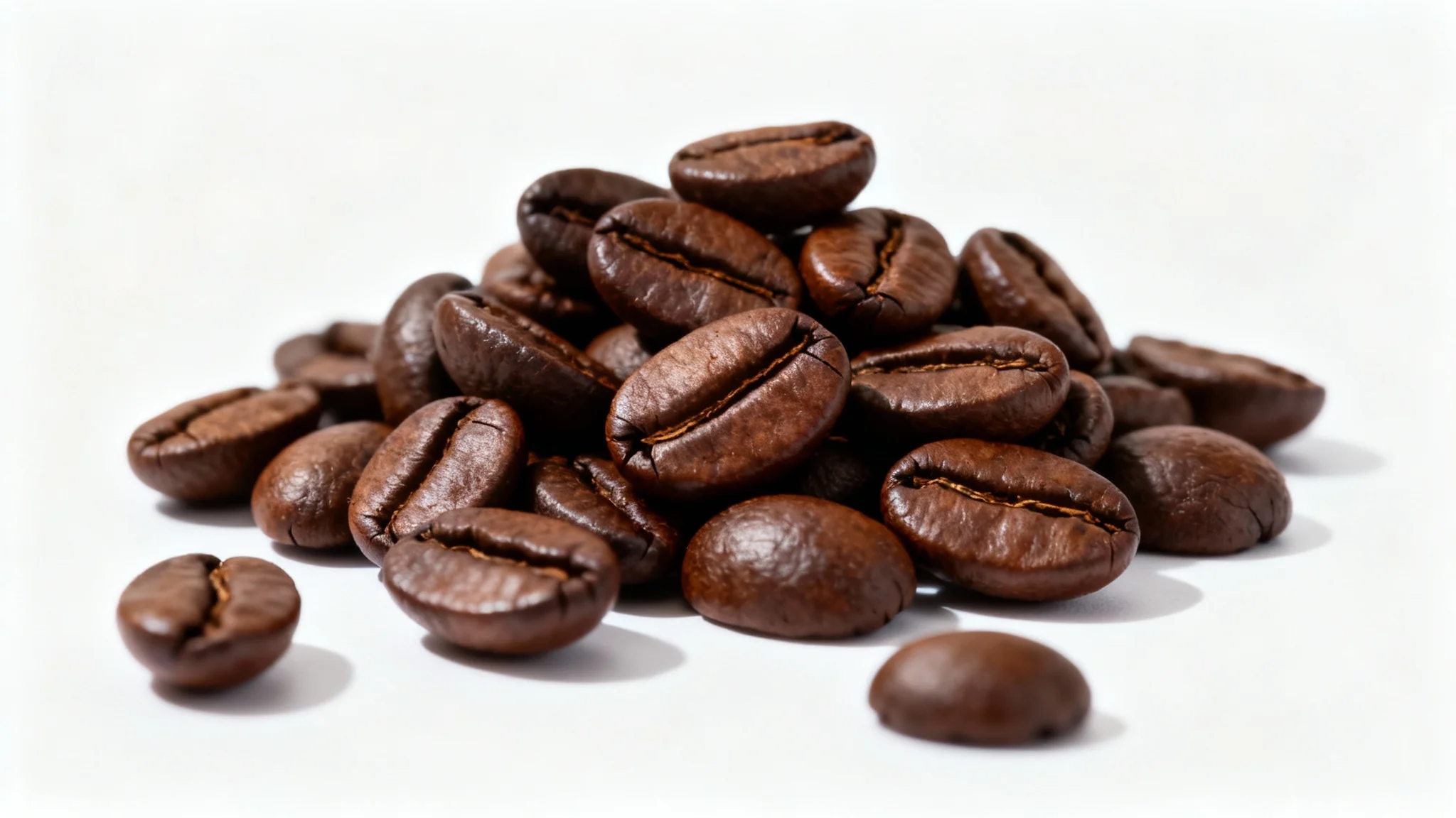 A professional, high-resolution macro photograph of a small pile of freshly roasted coffee beans on a clean white background, highlighting their rich color and glossy texture.