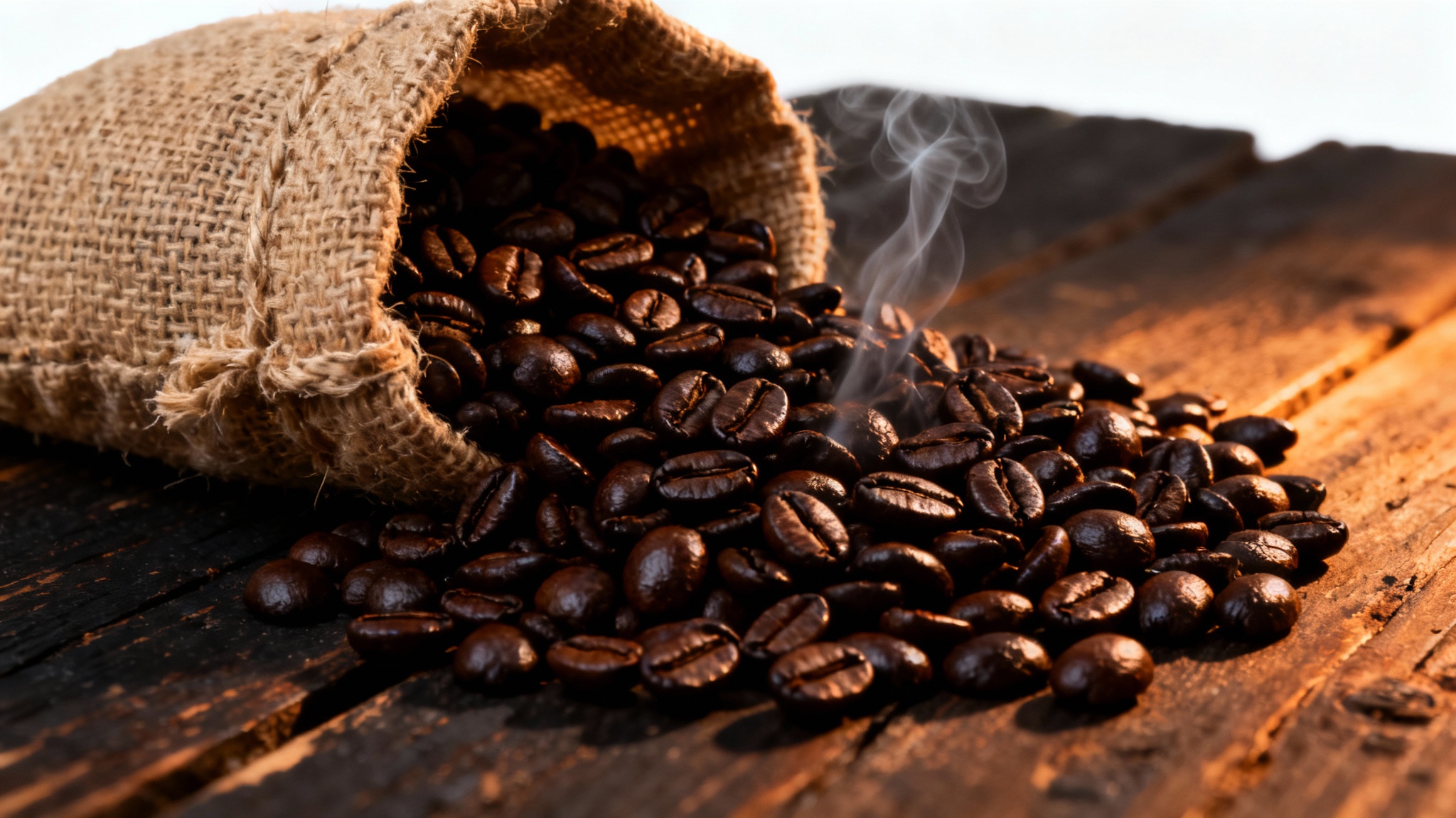 A close-up studio photograph of dark, glossy roasted coffee beans spilling from a small burlap sack onto a dark wooden surface, set against a clean white background.