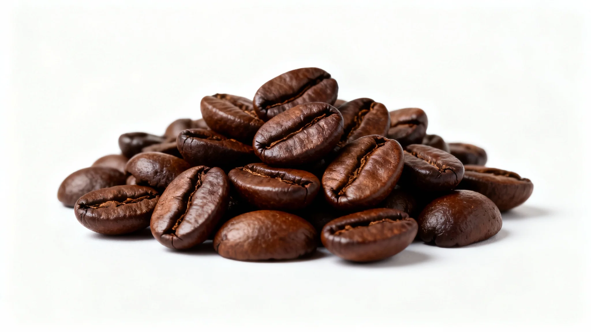 A close-up, high-quality photograph of a pile of rich, dark brown roasted coffee beans glistening with oil on a clean white background.