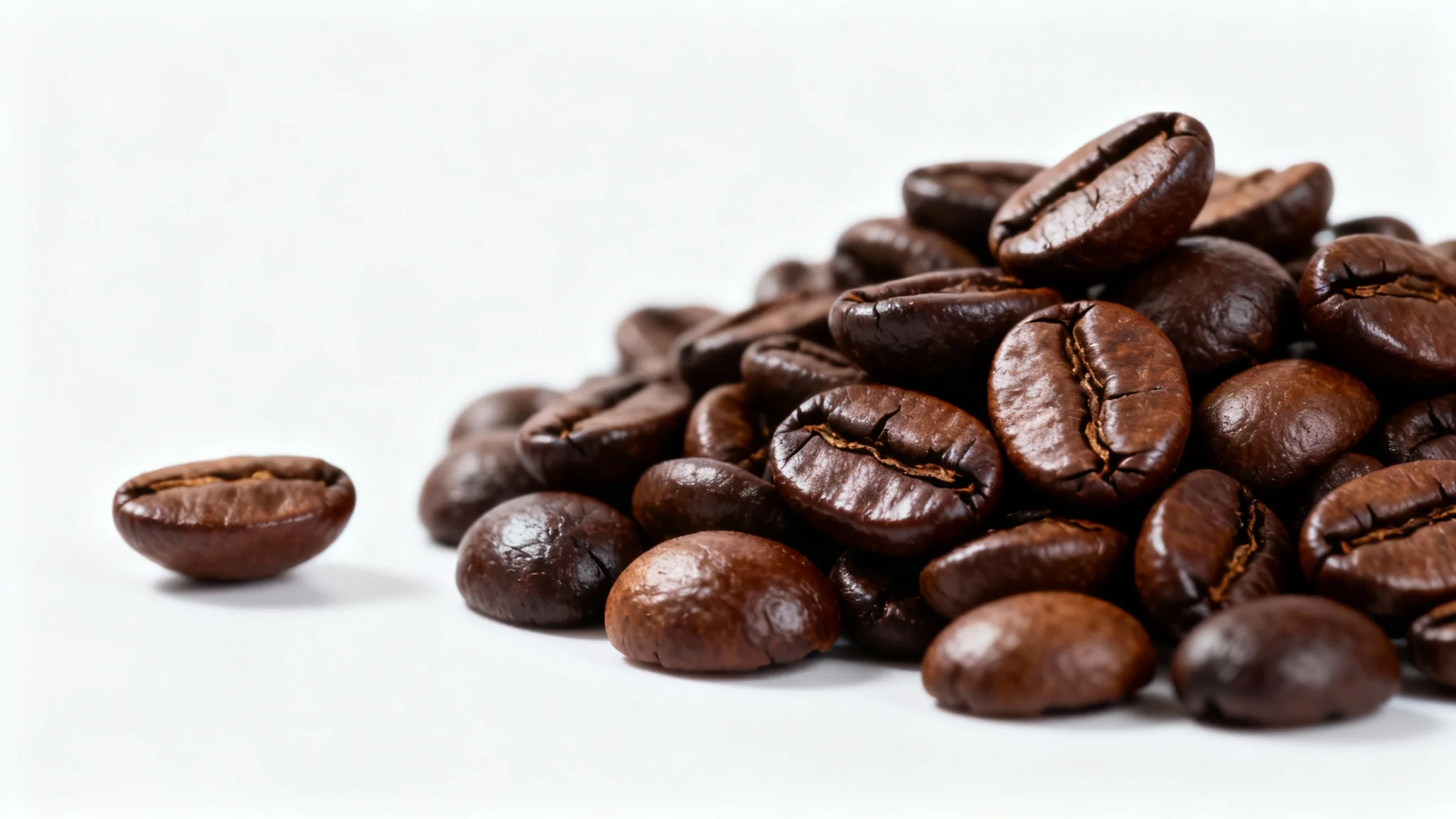 A close-up, professional photograph of freshly roasted, glossy coffee beans piled on a clean white background.
