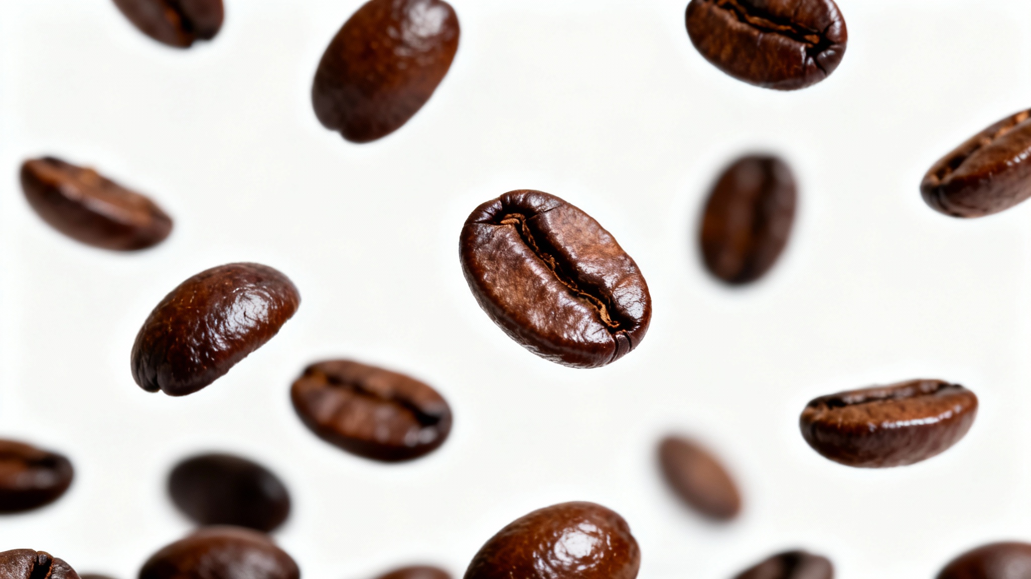 A high-resolution, studio-lit photo of dark roasted coffee beans captured mid-air as they scatter against a stark white background, emphasizing their freshness and quality.