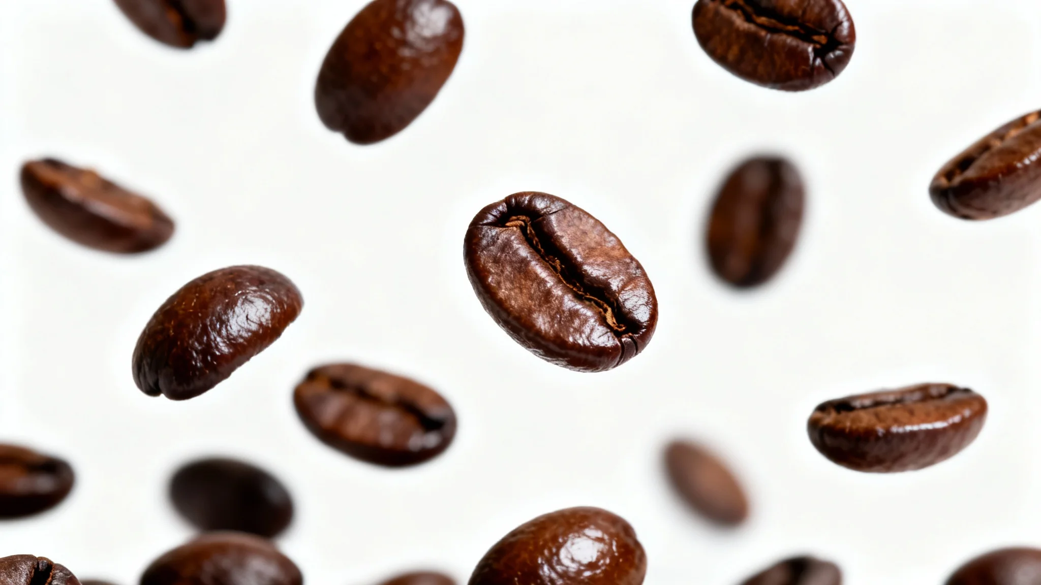 A high-resolution, studio-lit photo of dark roasted coffee beans captured mid-air as they scatter against a stark white background, emphasizing their freshness and quality.