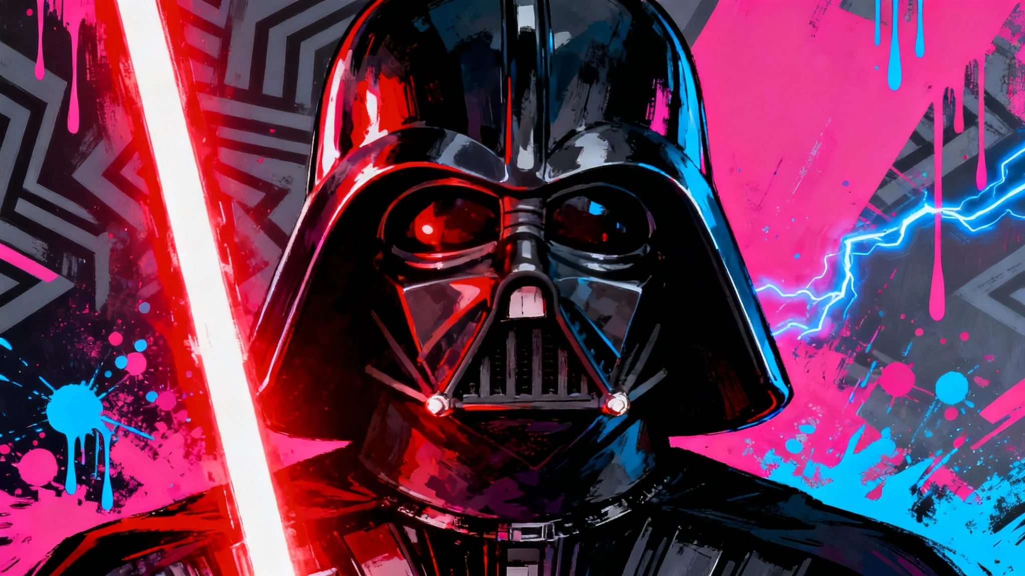 A striking piece of digital pop art depicting Darth Vader's helmet in a close-up, illuminated by a red glow, against a vibrant background of colorful paint splatters.