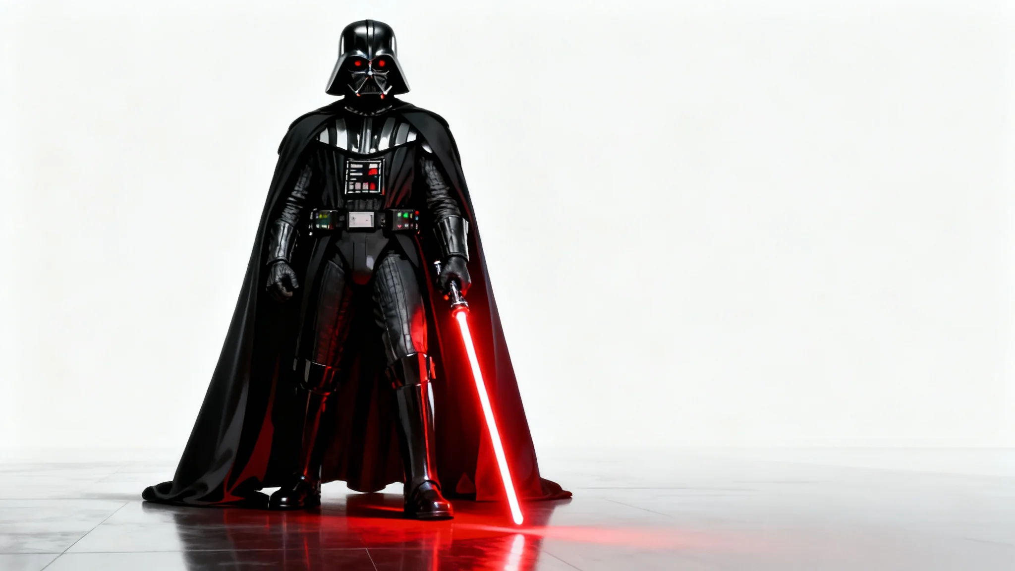 A dramatic digital art piece of Darth Vader standing with his glowing red lightsaber, isolated against a plain white background.