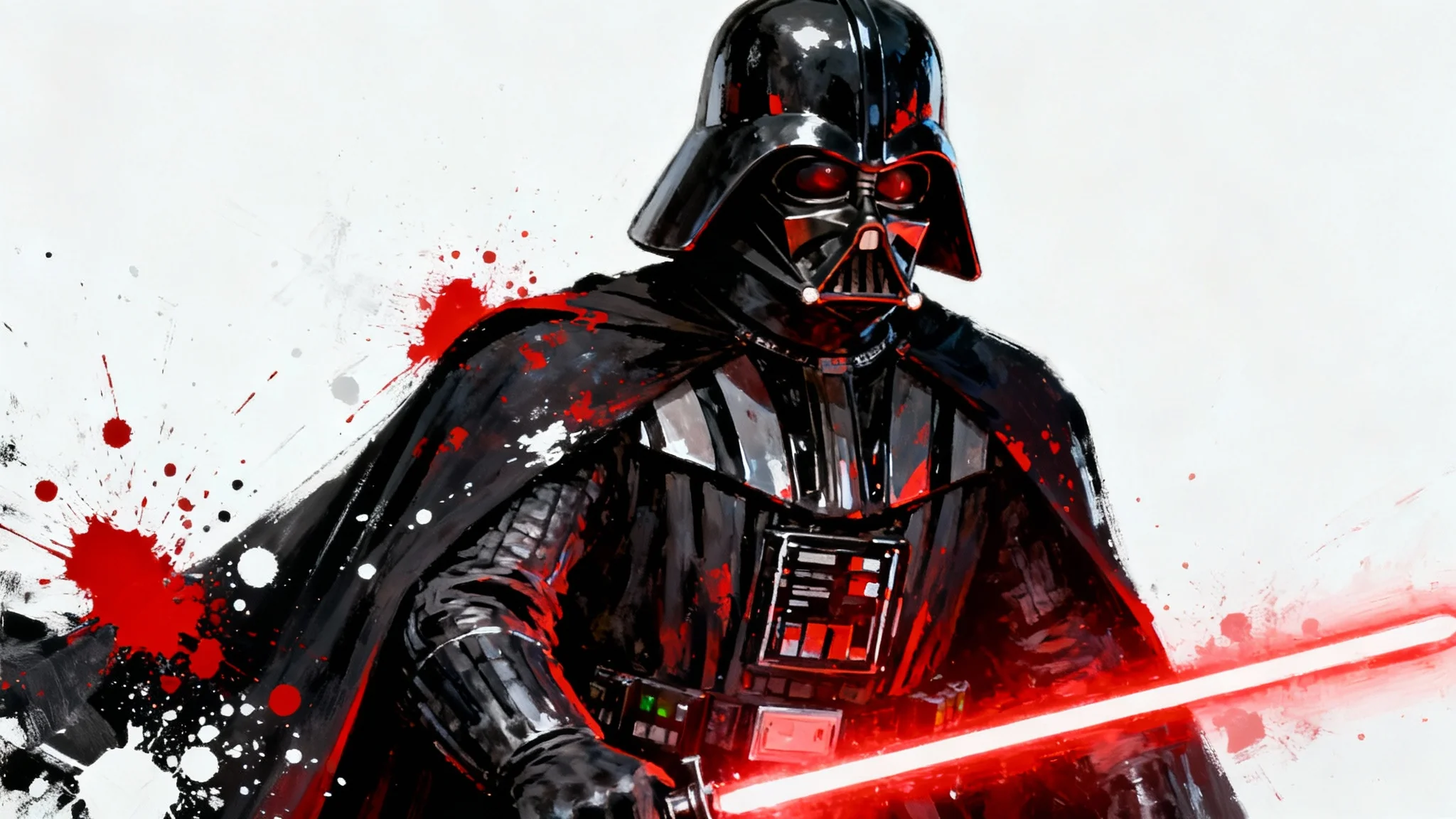 A dramatic digital art piece depicting Darth Vader with red and white paint splatters, holding a glowing red lightsaber, set against a plain white background.