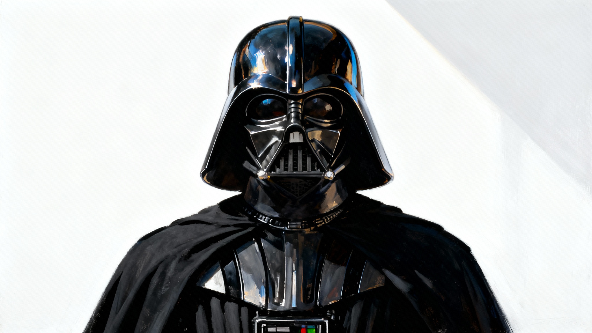 A highly detailed digital painting of Darth Vader standing against a solid white background, with dramatic lighting highlighting his helmet and suit.