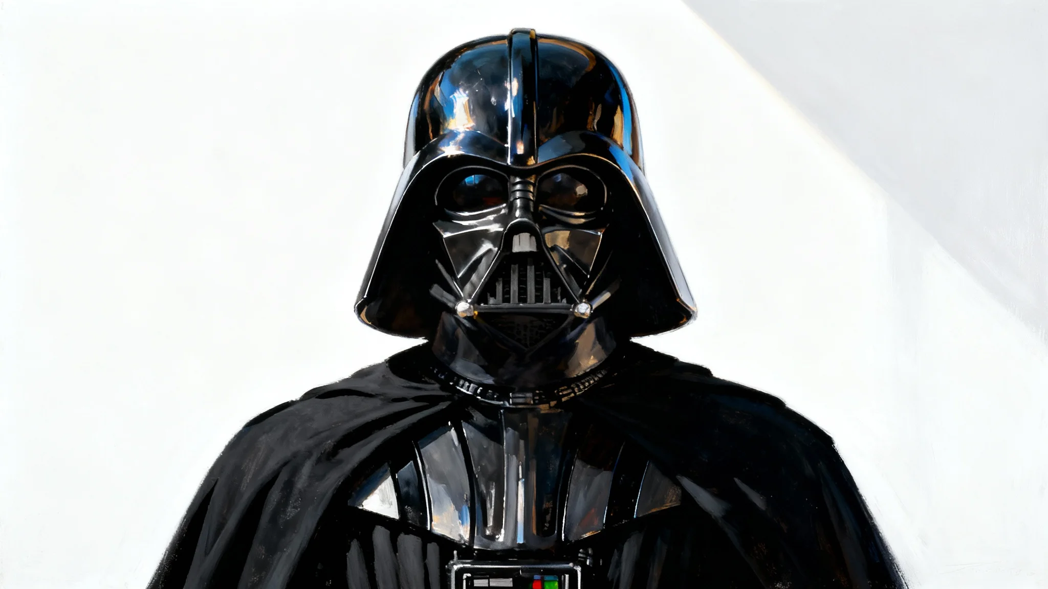 A highly detailed digital painting of Darth Vader standing against a solid white background, with dramatic lighting highlighting his helmet and suit.
