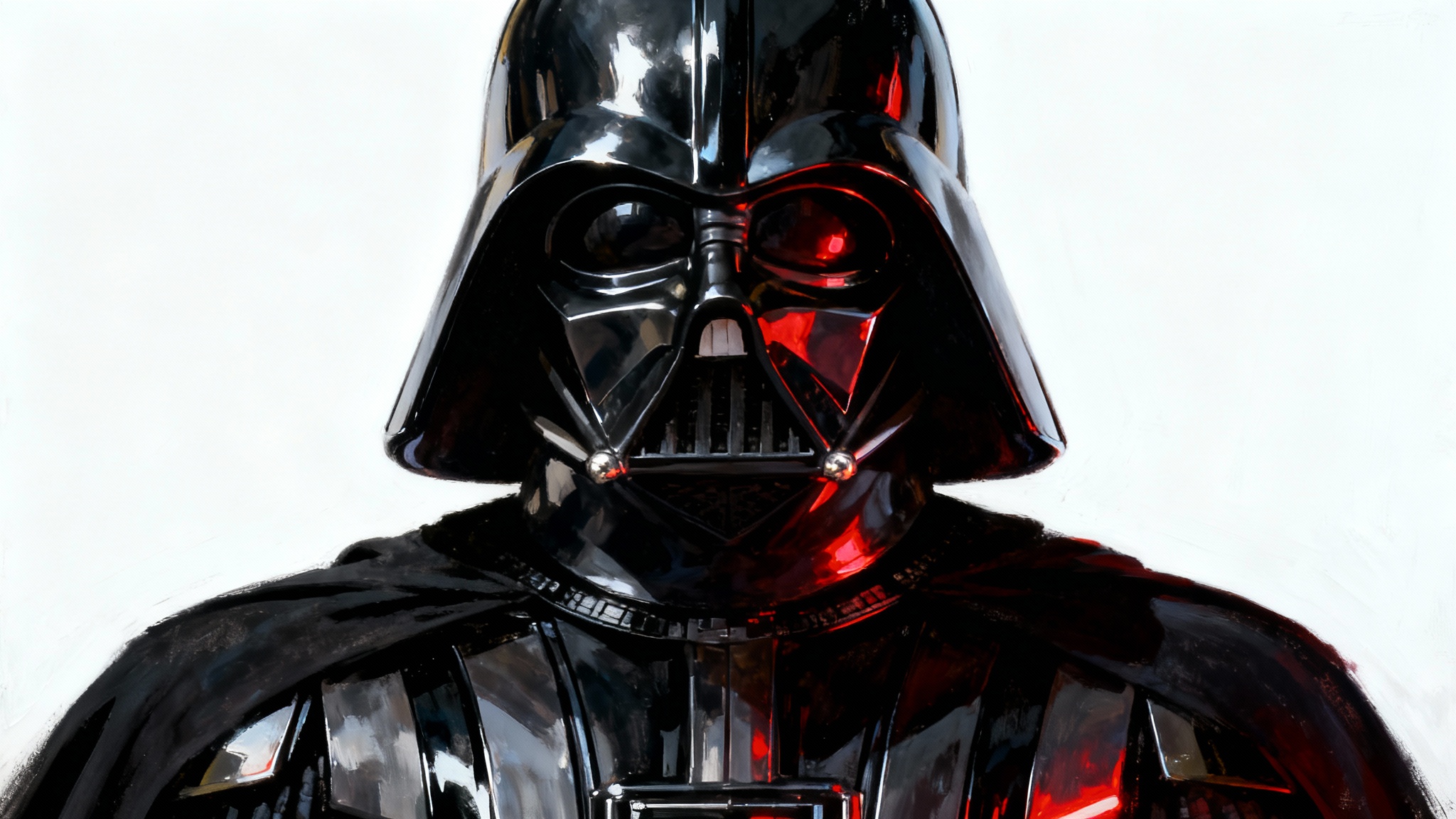 A hyperrealistic digital art piece showing Darth Vader's bust against a stark white background. Dramatic lighting highlights the glossy black helmet, and a red glow reflects off his armor.
