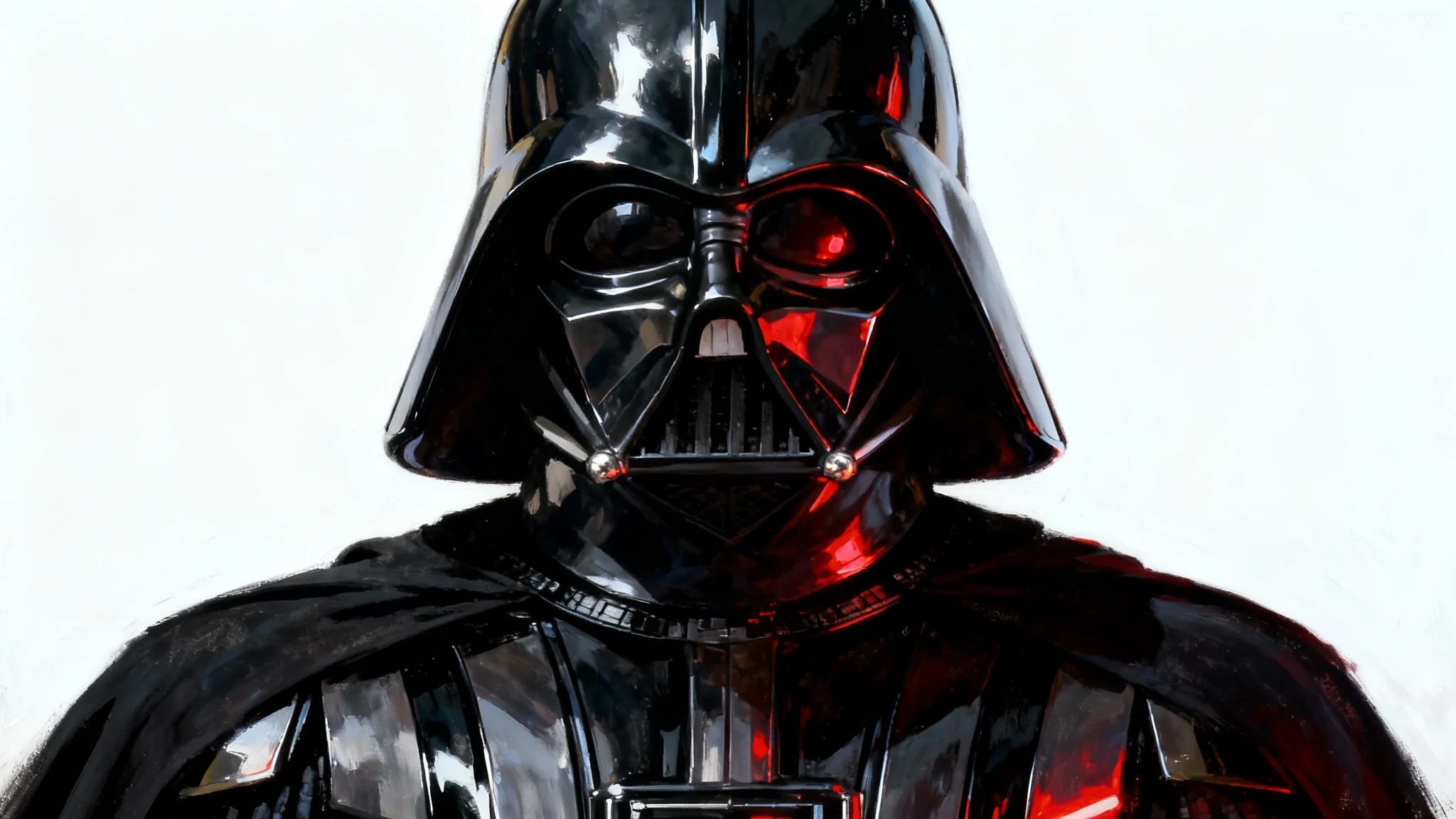A hyperrealistic digital art piece showing Darth Vader's bust against a stark white background. Dramatic lighting highlights the glossy black helmet, and a red glow reflects off his armor.