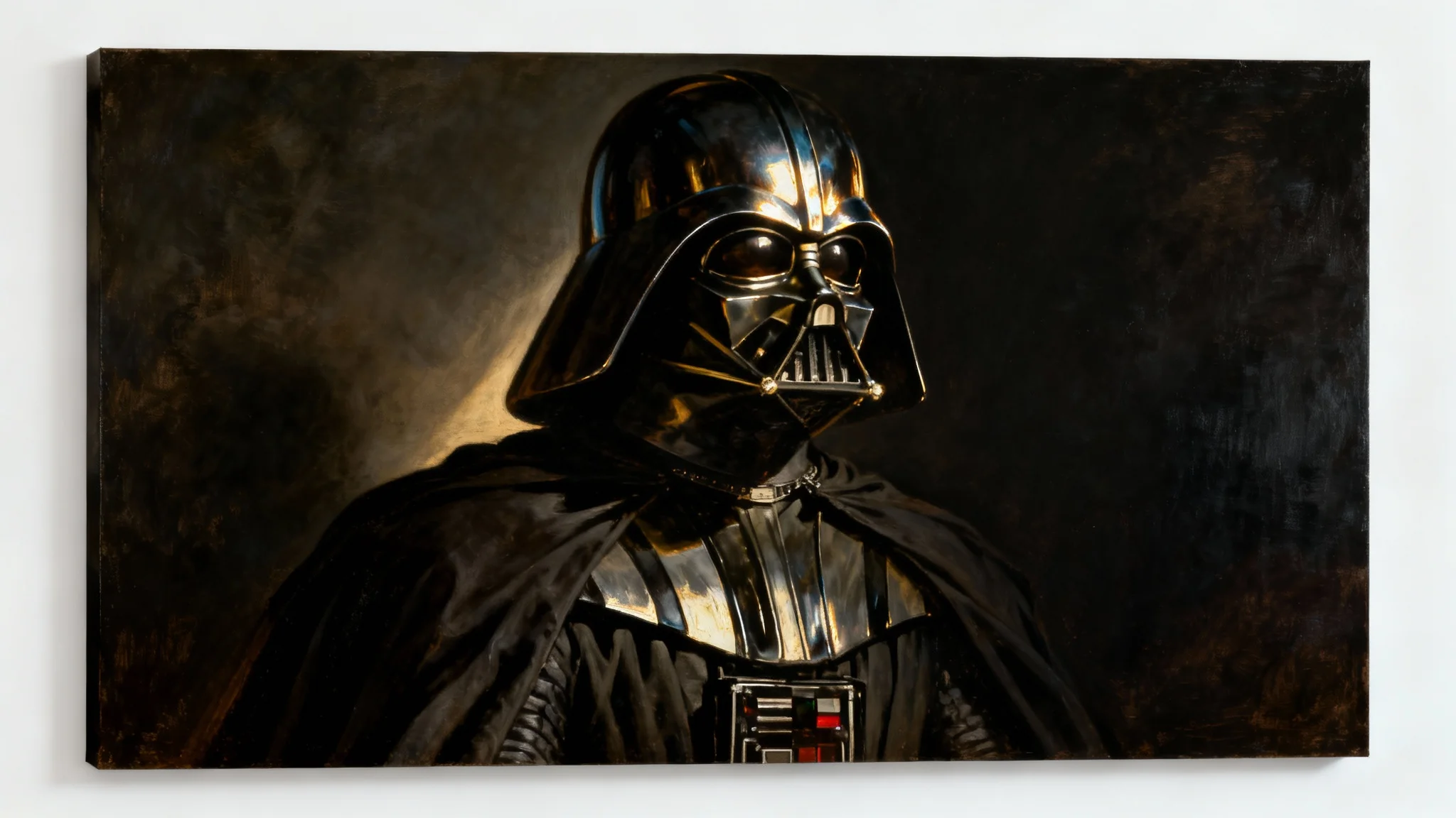 A dark, baroque-style oil painting of Darth Vader's bust, featuring dramatic side lighting that highlights his helmet against a black background. The entire artwork is shown against a clean white backdrop.