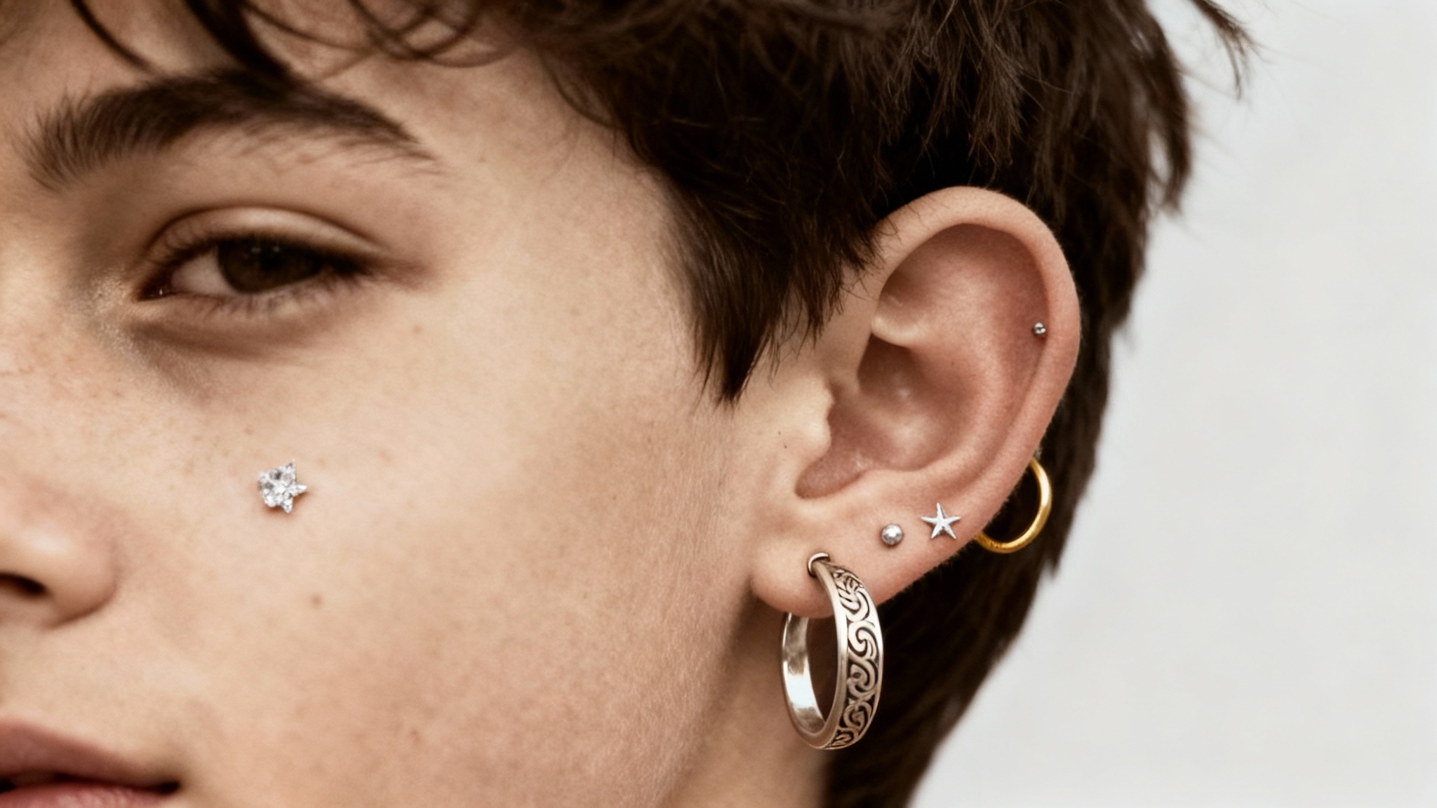 A hyper-realistic close-up of a person's ear showcasing a final design from a piercing mockup tool, featuring a mix of real and digitally added gold and diamond earrings in the lobe, tragus, helix, and conch.