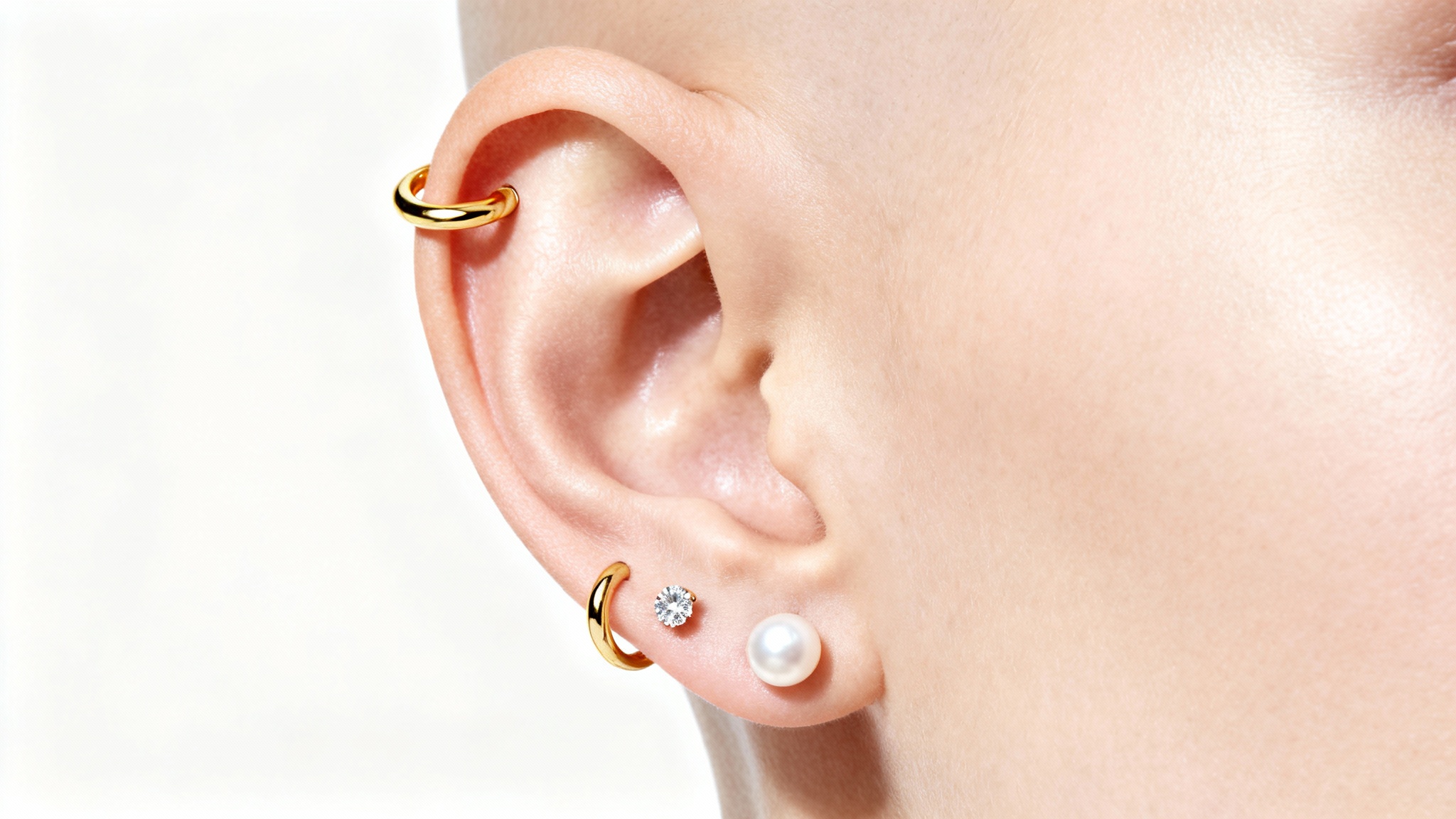 A highly detailed close-up of a human ear featuring mockups of various piercings: a gold hoop in the helix, a diamond stud in the tragus, and a pearl in the lobe, all set against a stark white background.