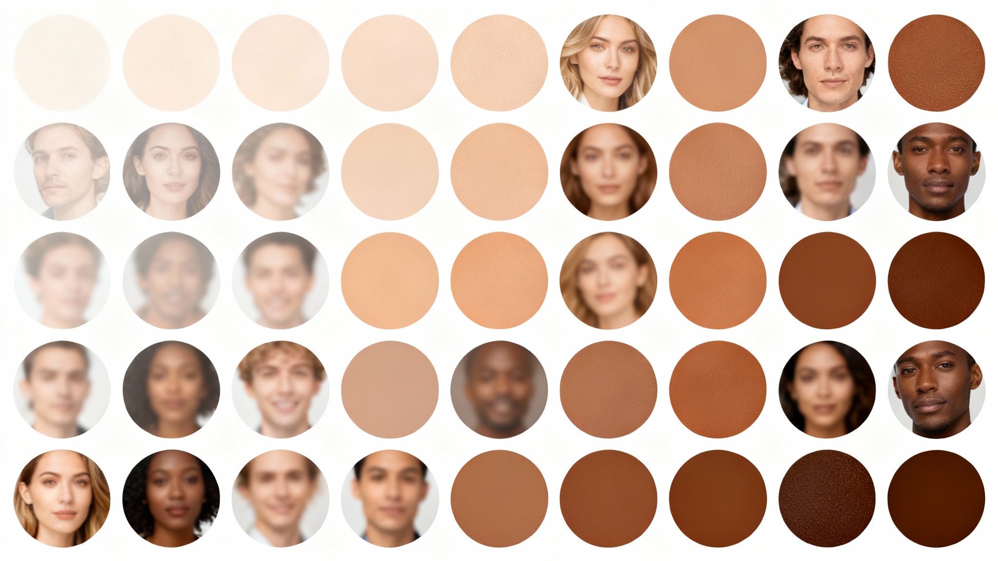 A professionally designed hero image showing a skin tone palette with circular color swatches ranging from light to dark, with soft-focus portraits of diverse people in the background.