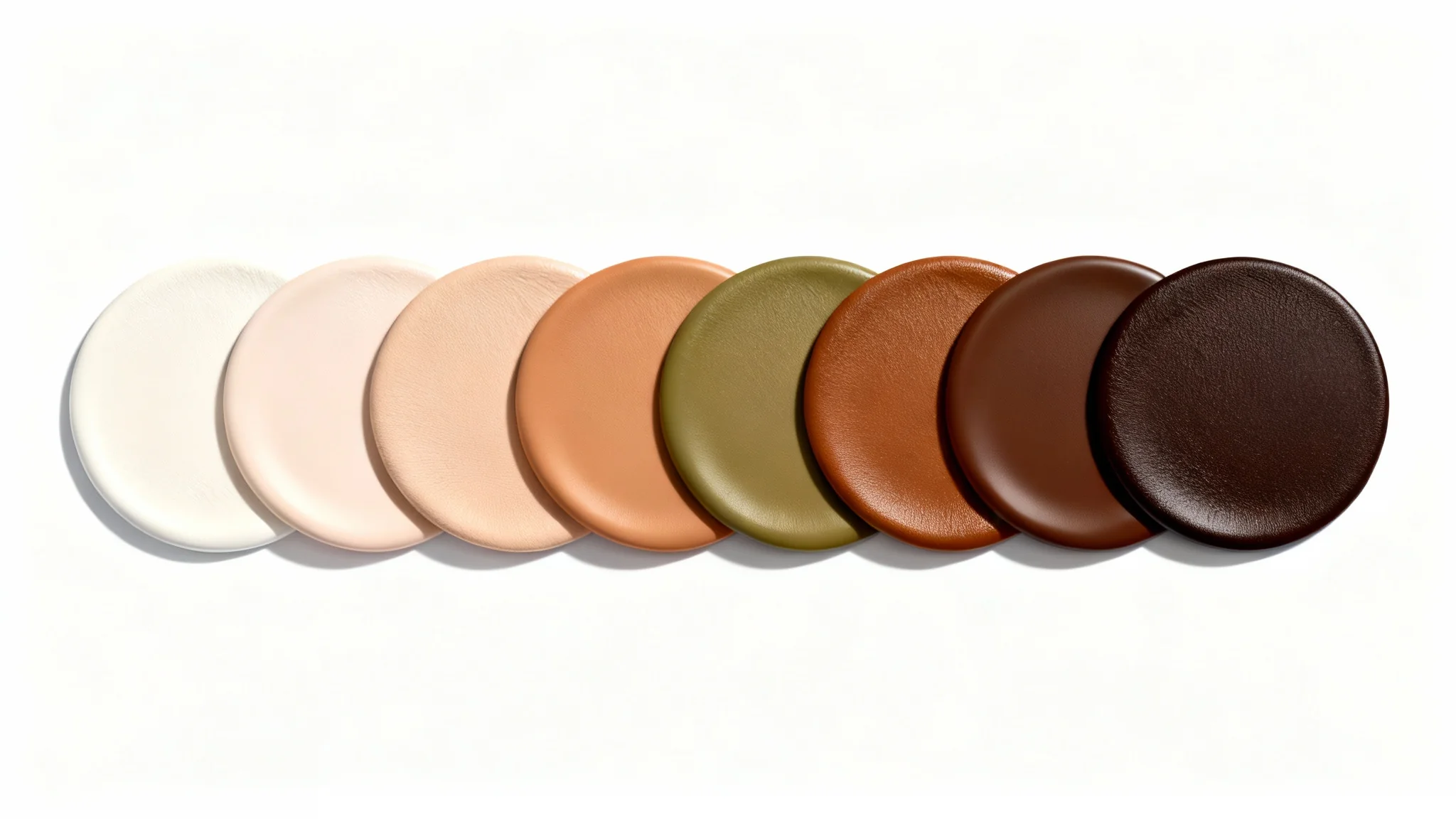 A minimalist arrangement of circular swatches in a row, showcasing a diverse palette of realistic human skin tones from the lightest to the darkest shades, on a white background.