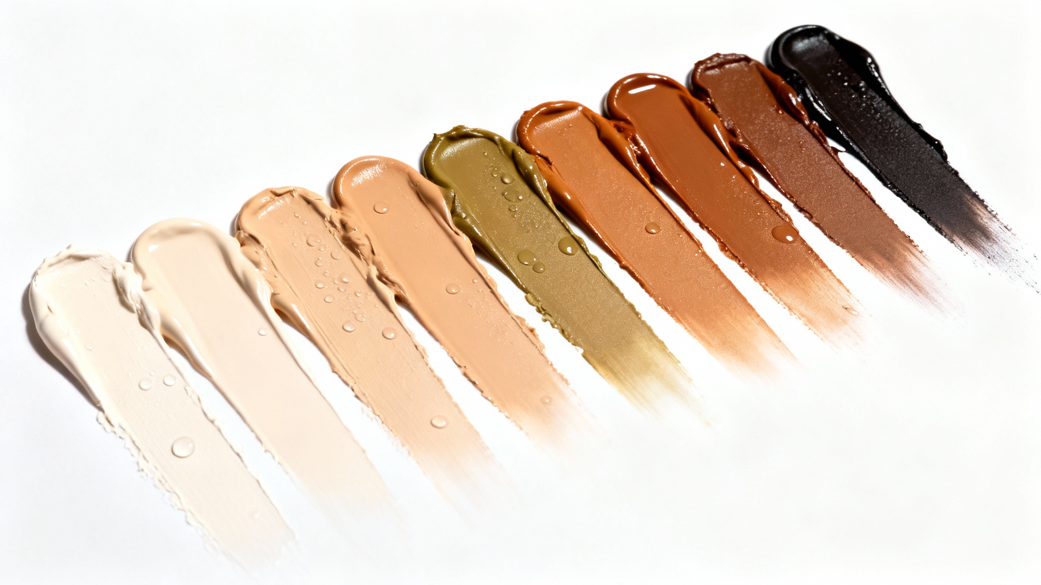 An artfully arranged palette of creamy makeup swatches representing a wide and inclusive range of human skin tones on a clean white background.