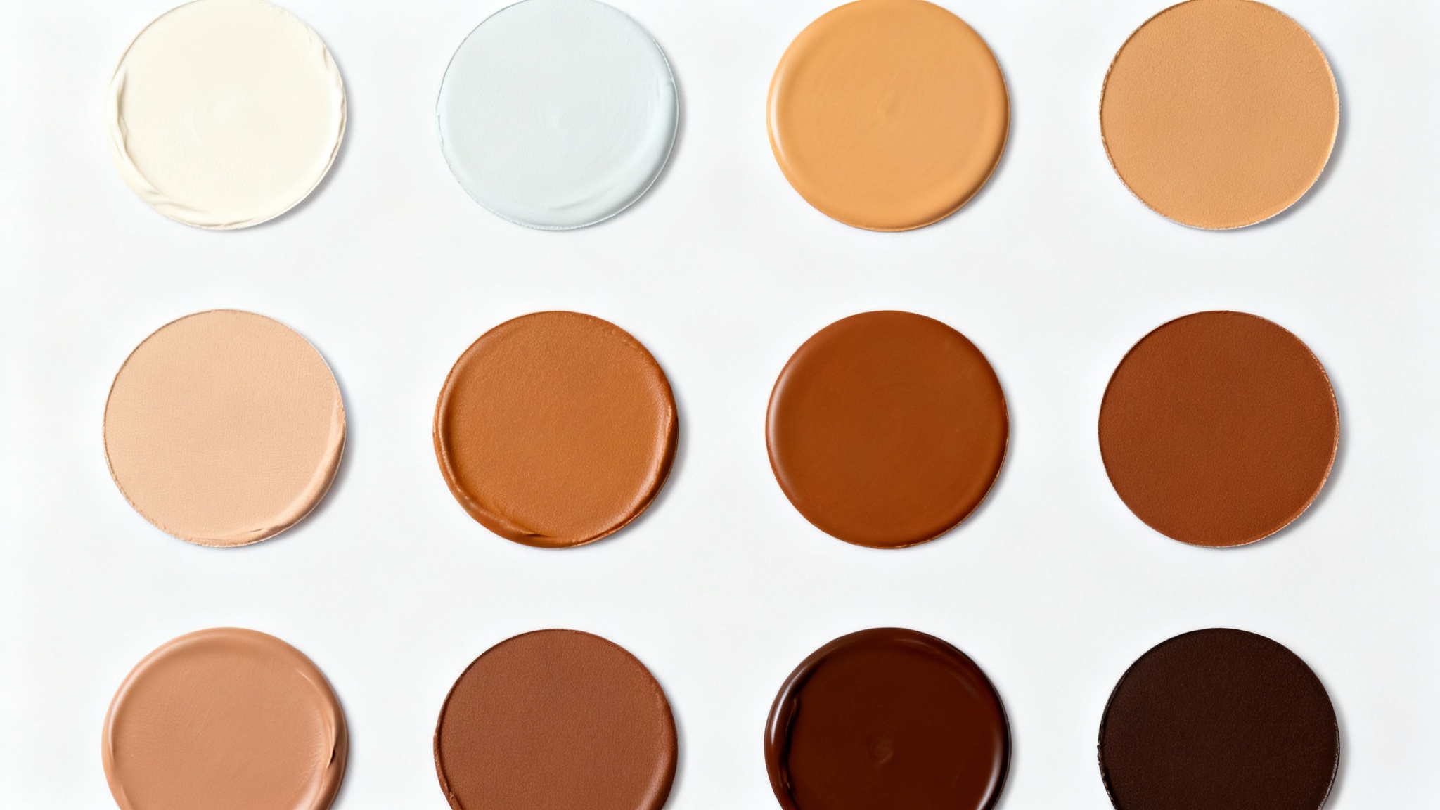 A minimalist mockup of a skin tone palette, featuring a series of circular color swatches arranged on a white background, representing a diverse range of human skin tones from light to dark.