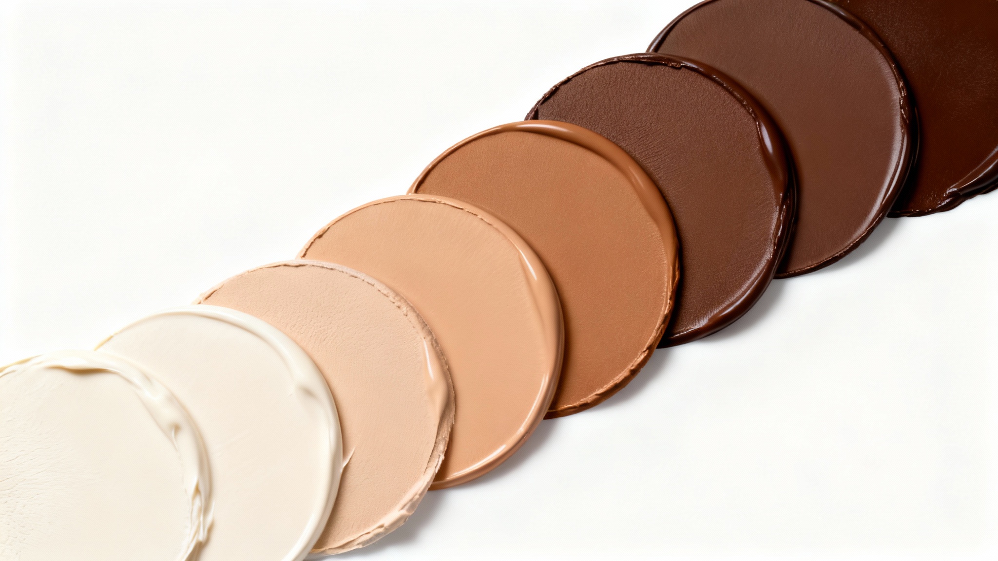 An elegant arc of circular swatches representing a diverse range of human skin tones, from pale ivory to deep espresso, on a clean white background.