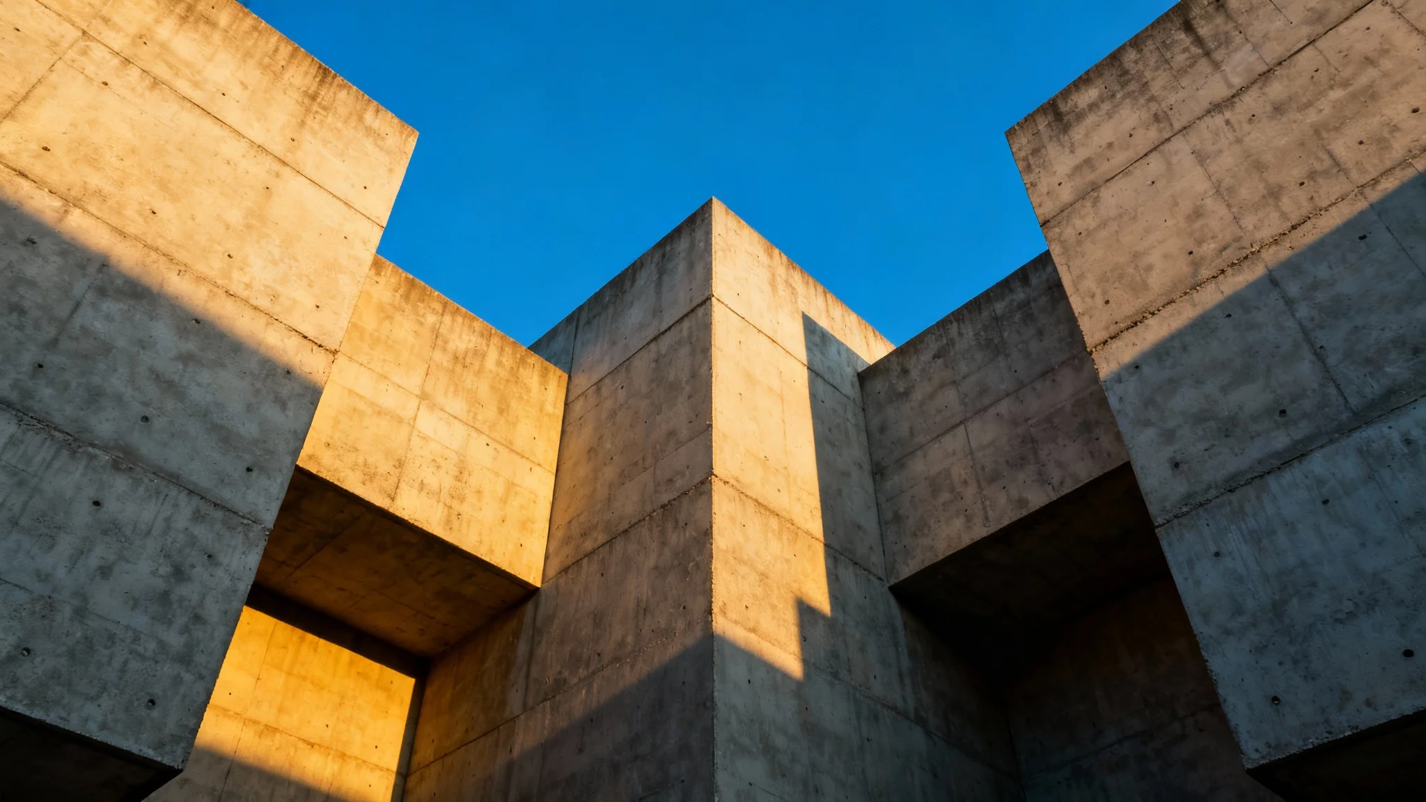 A dramatic, low-angle photograph of a massive Brutalist building made of raw concrete, set against a clear blue sky, highlighting its powerful geometric shapes and textures.