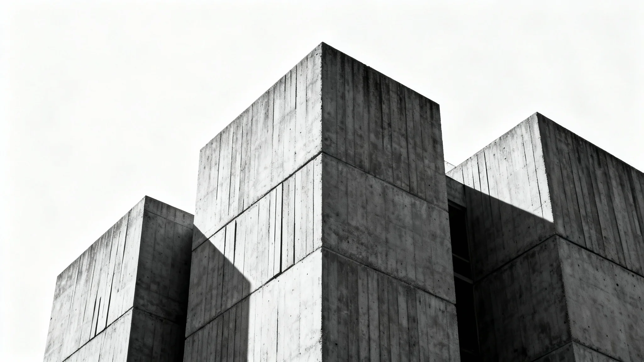 A hyper-realistic image of an imposing brutalist building made of textured raw concrete, isolated against a clean white background, with dramatic shadows highlighting its geometric shape.