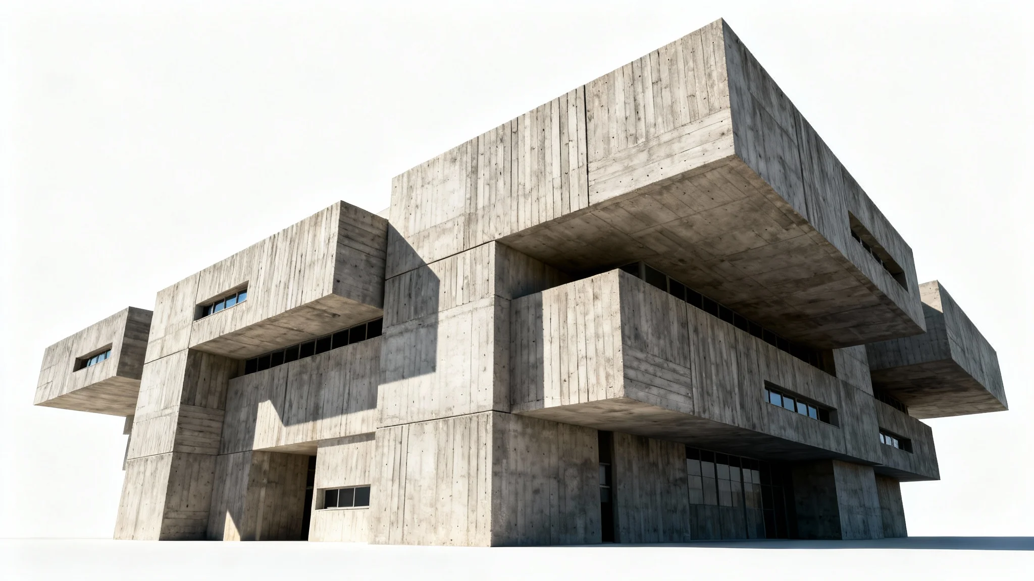 A dramatic low-angle photograph of a massive brutalist building made of raw concrete, isolated against a plain white background, with harsh sunlight casting deep, sharp shadows.