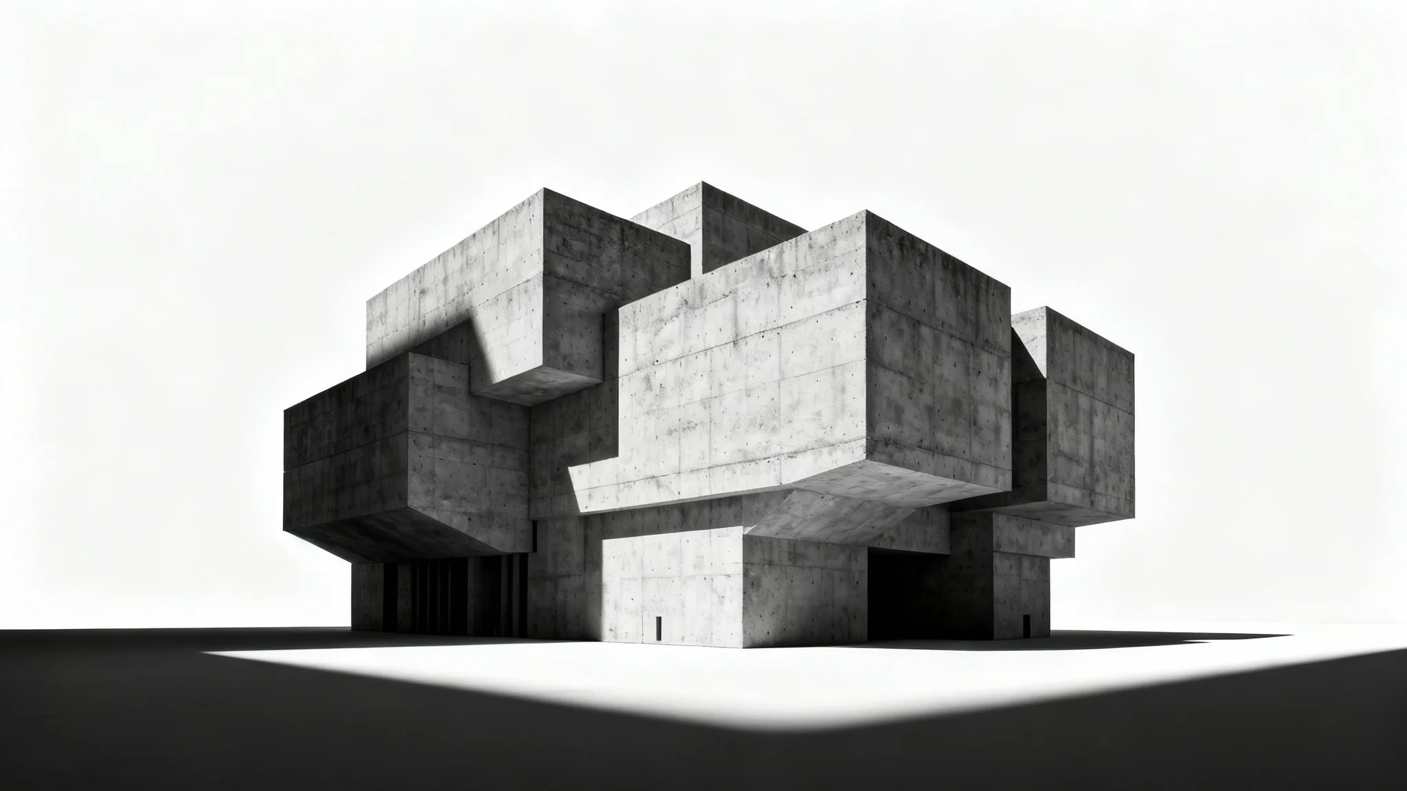A photorealistic mockup of a massive brutalist building, featuring interlocking geometric concrete blocks and dramatic shadows, set against a stark white background.