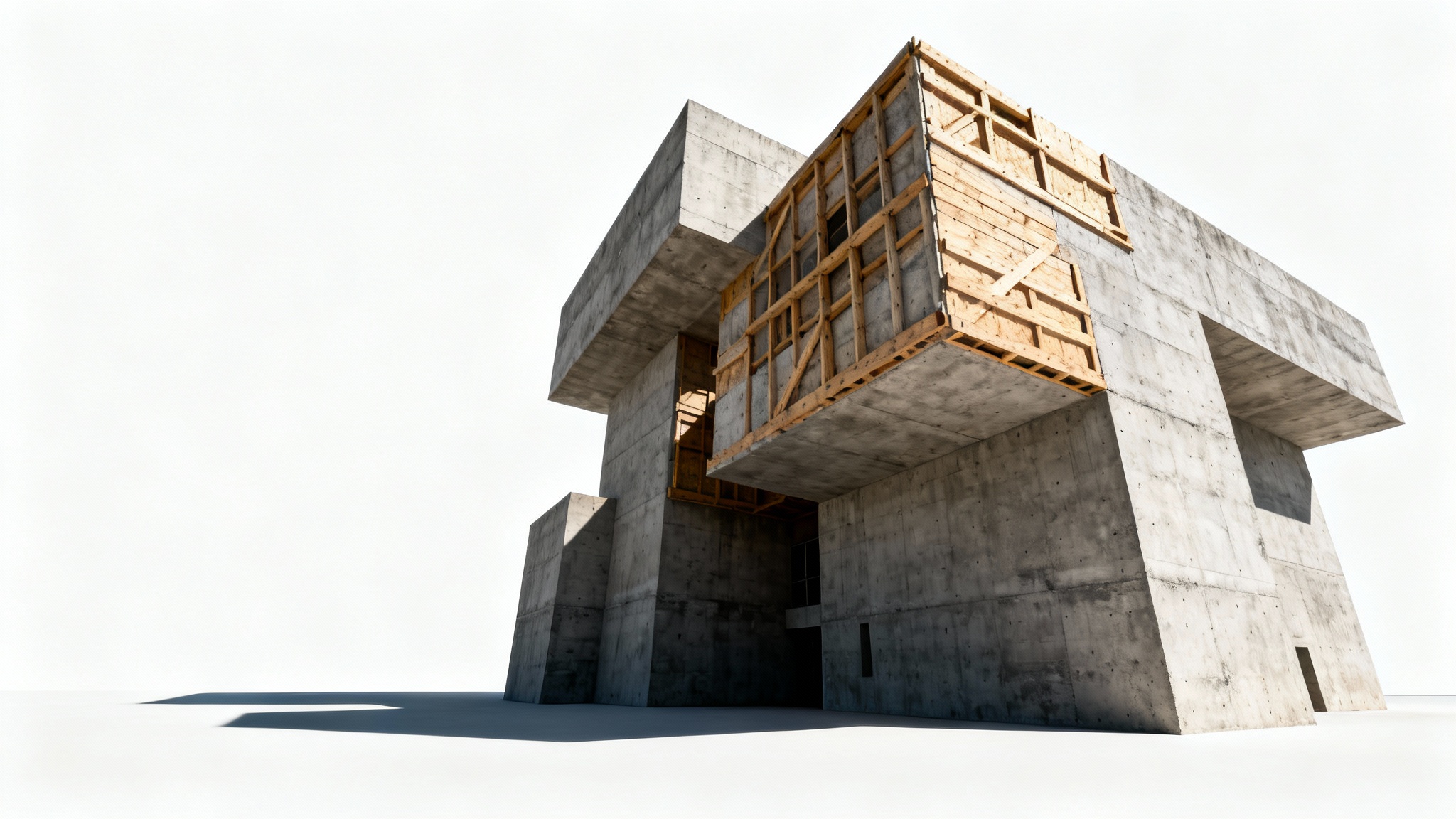 A photorealistic image of a massive Brutalist building made of raw concrete, shown from a low angle against a plain white background, emphasizing its geometric shapes and imposing scale.
