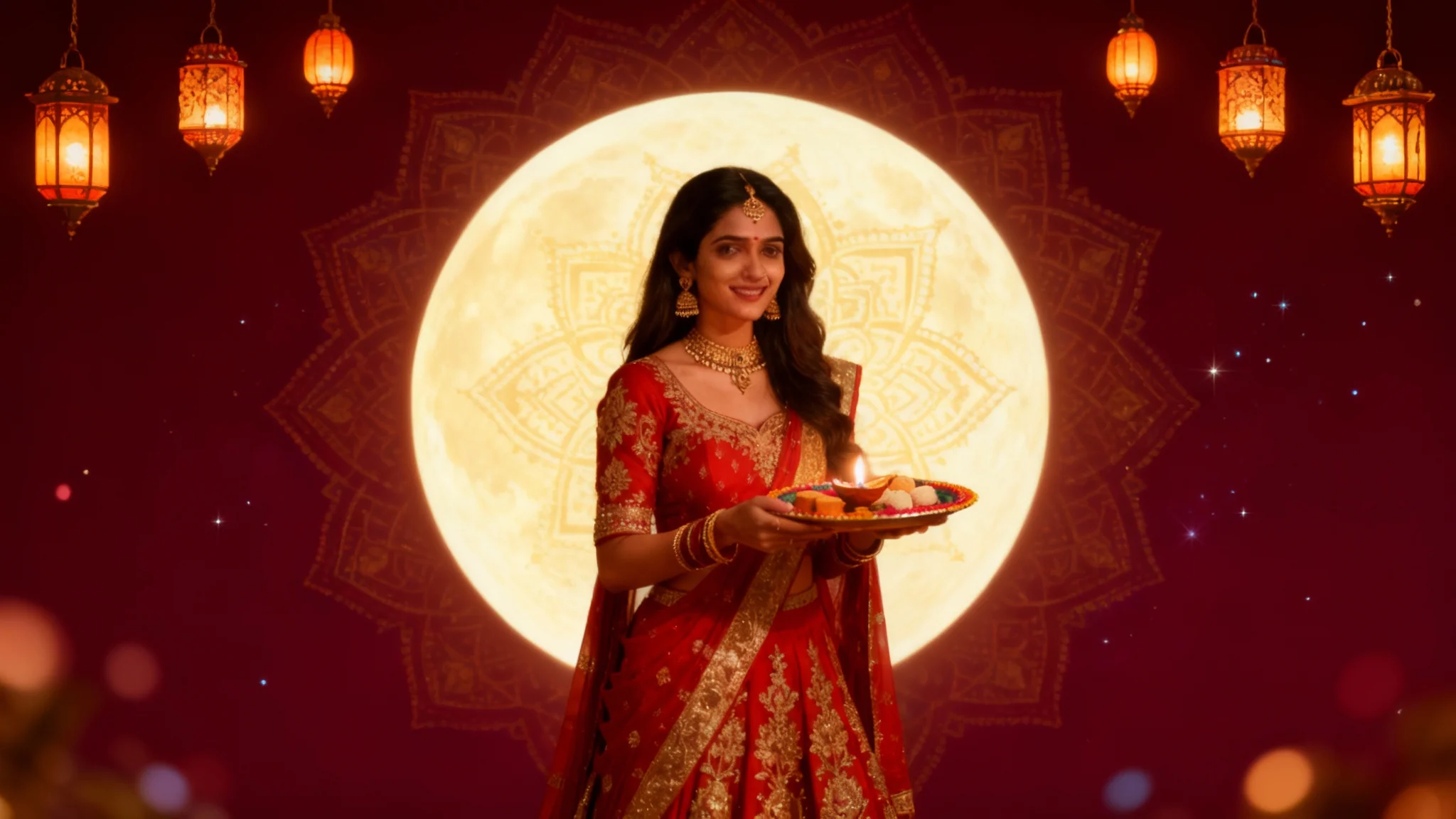 A woman in traditional Indian attire celebrating Karwa Chauth, set against a beautifully designed background featuring a large moon, golden mandalas, and hanging lanterns.