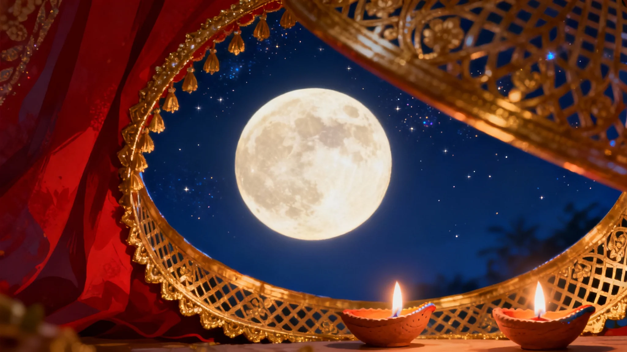 A beautifully illustrated background for the Karva Chauth festival, featuring a large full moon in a night sky, viewed through a decorative sieve, with glowing diyas in the foreground.