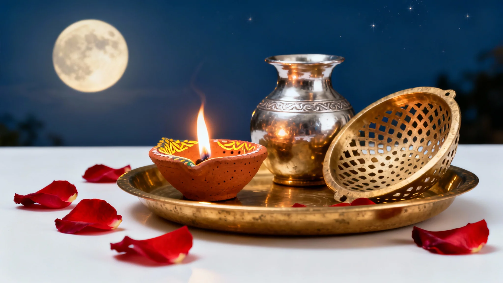 An elegant still life composition for the Karva Chauth festival, showing a decorative brass plate with a lit lamp, a water pot, and a sieve, set against a clean white background with a full moon softly visible.