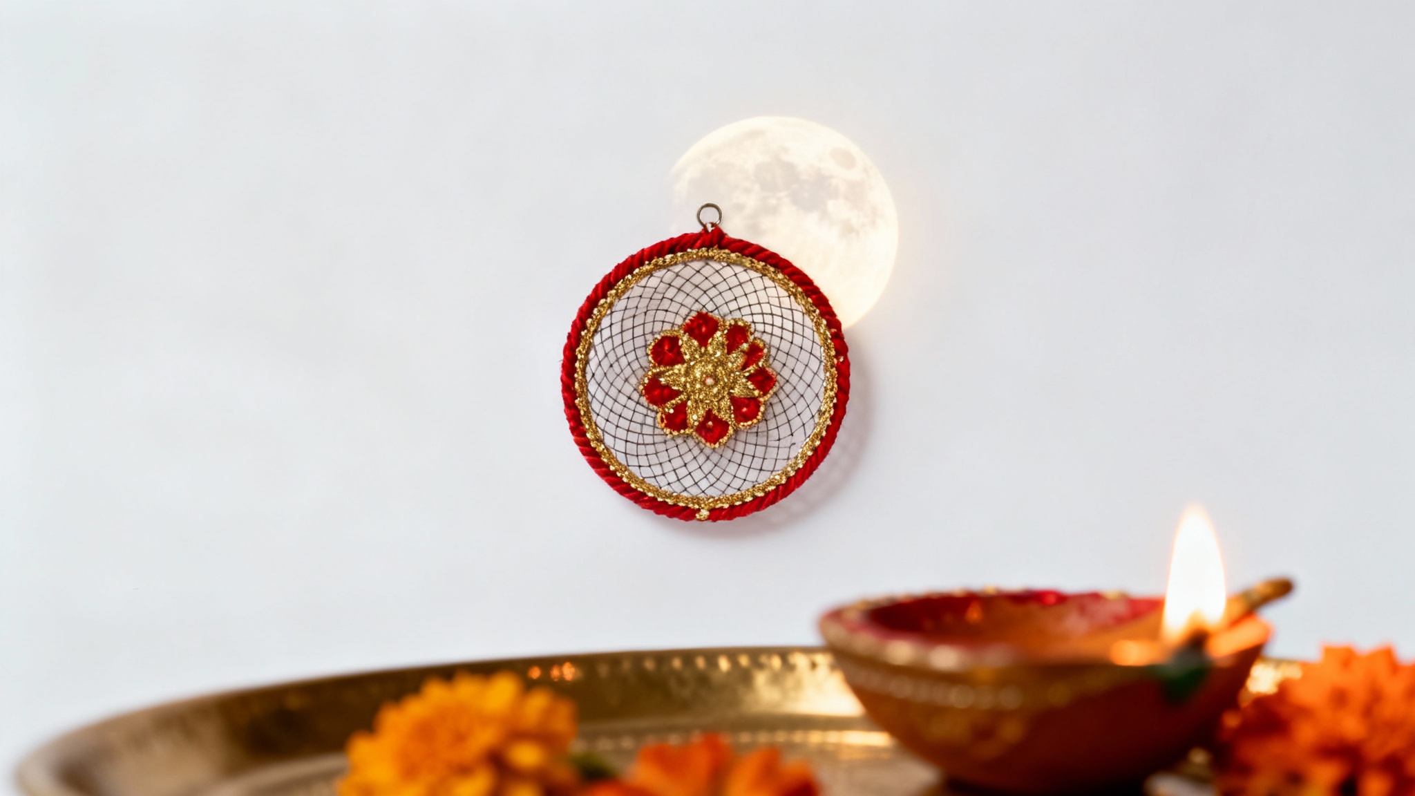 A festive Karva Chauth background mockup showing a decorative sieve and a glowing moon, with a lit diya on a puja thali in the foreground, all set against a clean white background.