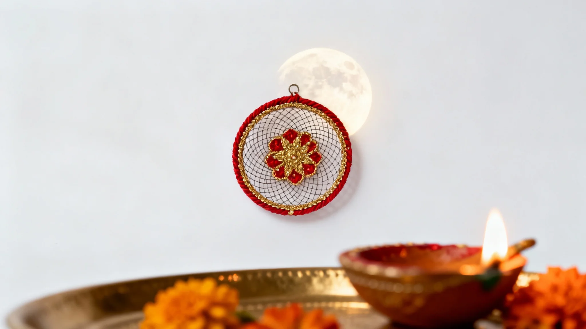 A festive Karva Chauth background mockup showing a decorative sieve and a glowing moon, with a lit diya on a puja thali in the foreground, all set against a clean white background.
