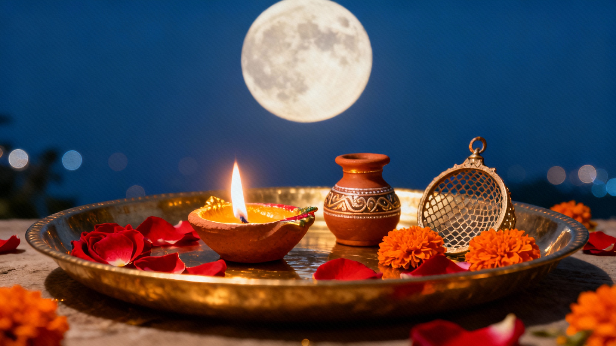 A decorative brass plate (thali) with a lit lamp, a water pot, and a sieve, set for the Hindu festival of Karva Chauth, with a full moon in the night sky behind it.