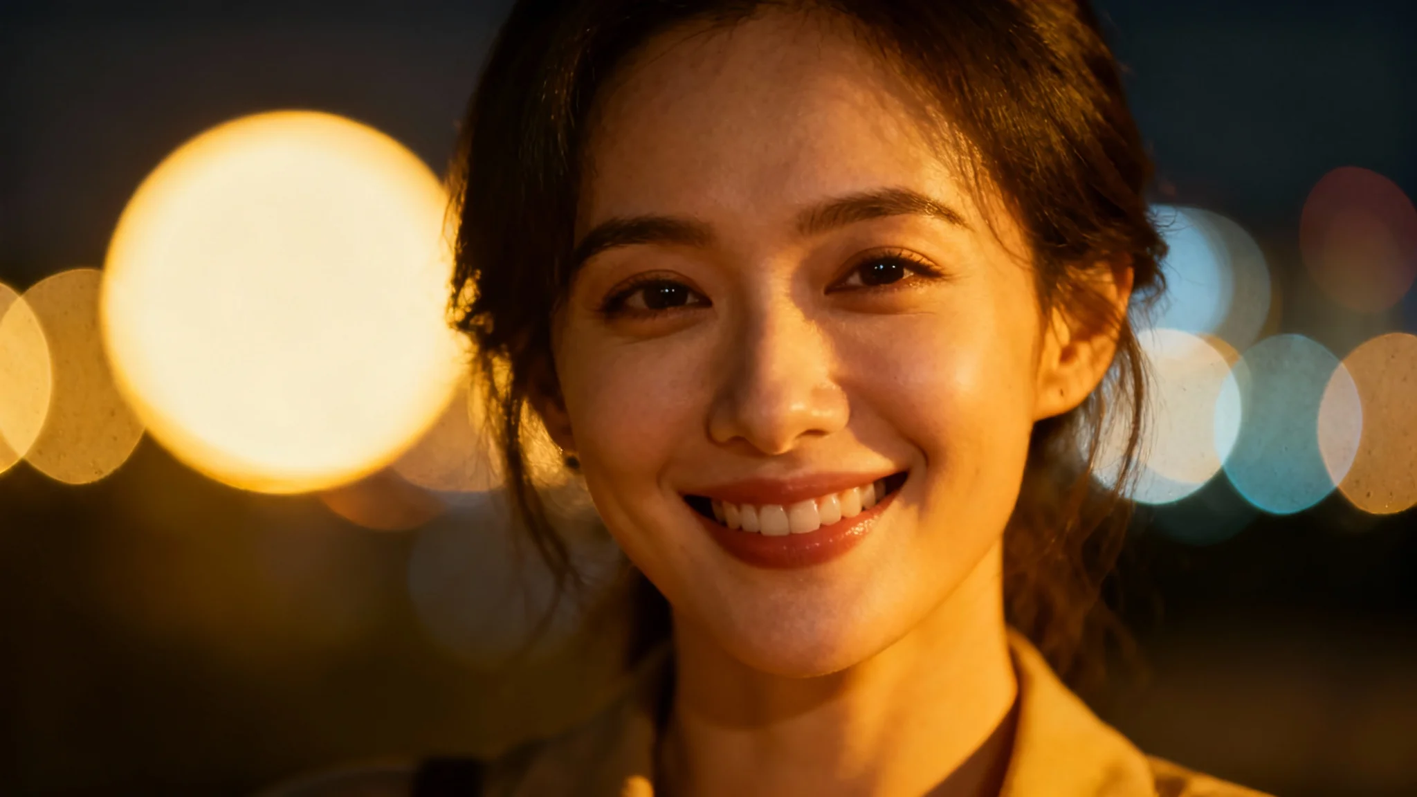 A beautiful photo showing the result of a bokeh effect, with a woman's face in sharp focus against a background of soft, blurry, glowing lights.