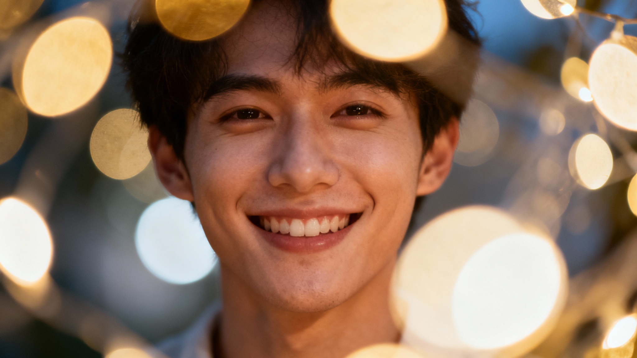 A professional close-up photo of a person smiling, with their face in sharp focus and the background completely blurred into soft, golden circles of light, demonstrating the bokeh effect.
