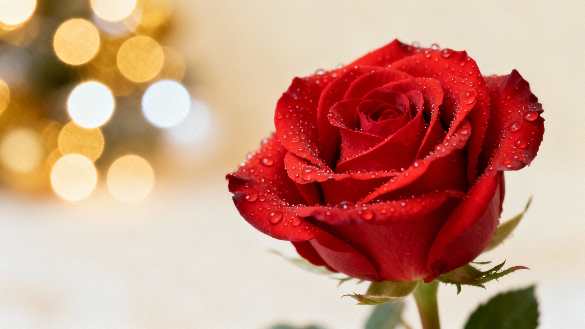 A hyper-realistic photo of a single red rose with water droplets, in sharp focus, against a background of large, soft, golden bokeh light circles.