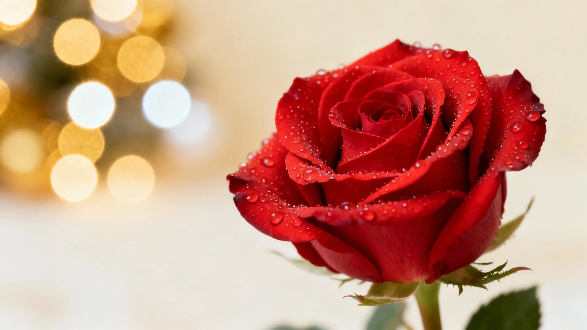 A hyper-realistic photo of a single red rose with water droplets, in sharp focus, against a background of large, soft, golden bokeh light circles.