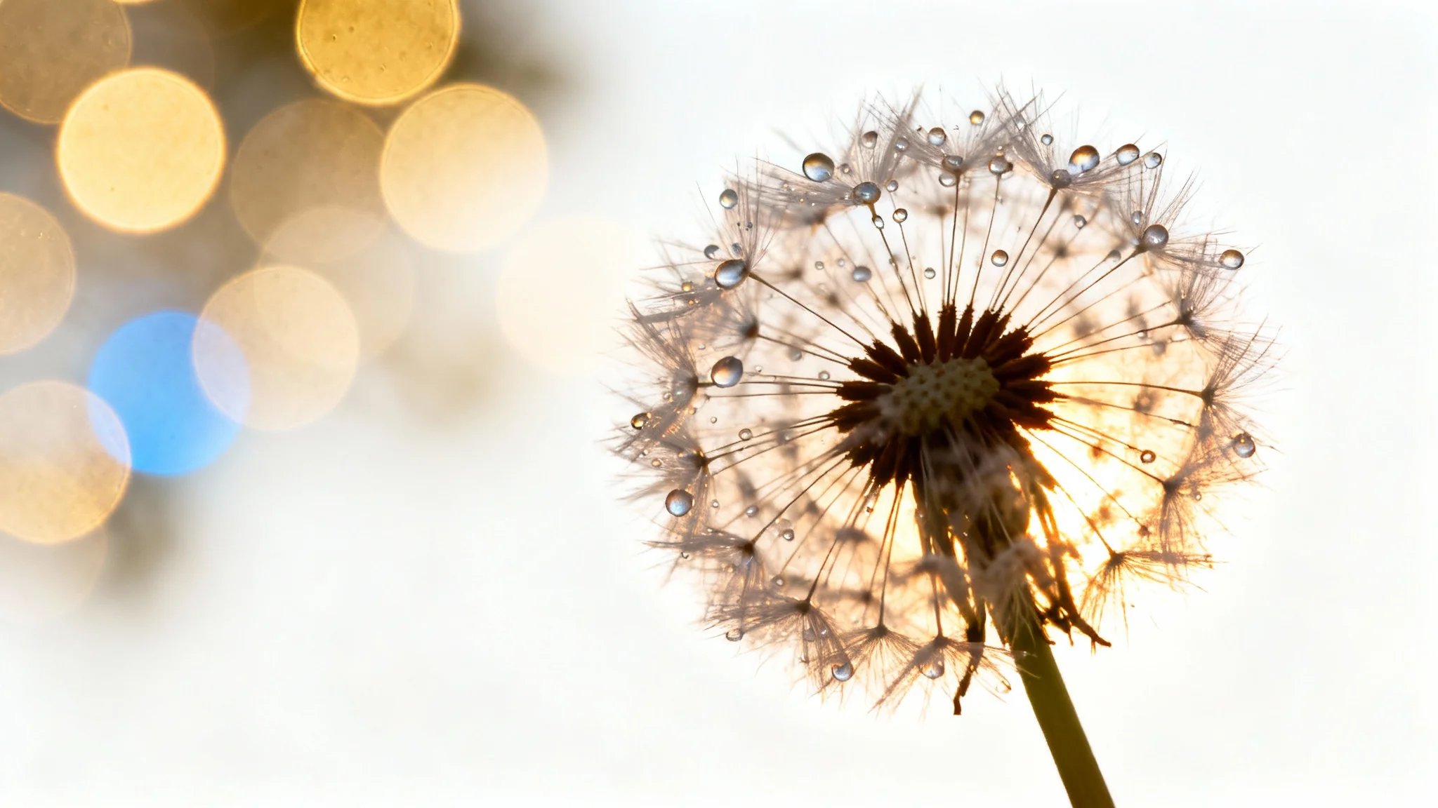 A photorealistic image demonstrating a bokeh effect, featuring a sharp, dew-covered dandelion seed head in the foreground and a softly blurred background with large, warm-colored light circles, all on a white background.