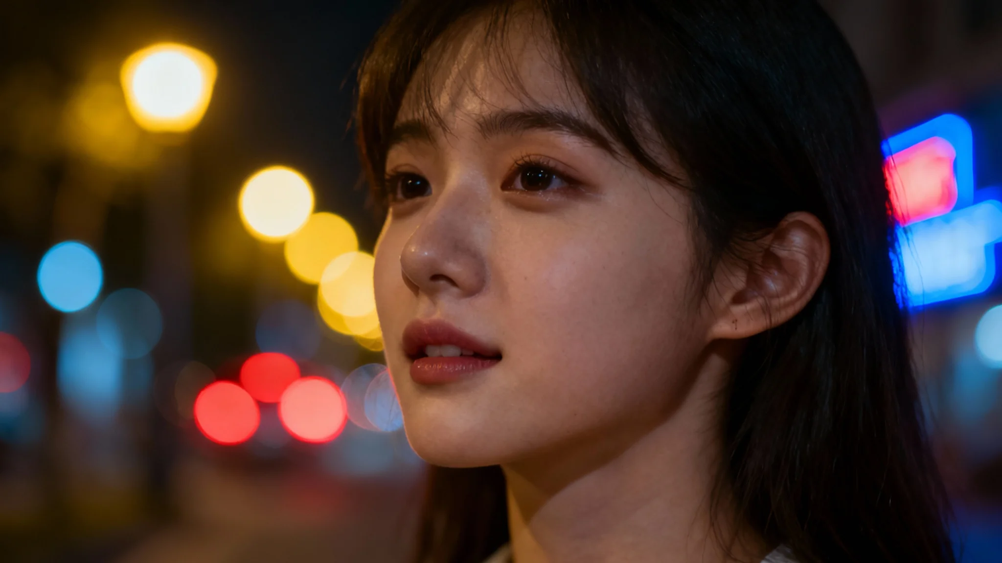 A photorealistic portrait of a woman's face in sharp focus, set against a beautifully blurred background of city lights at night, creating a strong bokeh effect with colorful orbs of light.