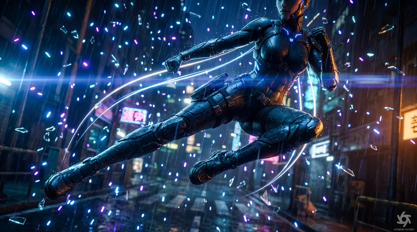 A cinematic render showing the bullet time effect: a female cyborg is frozen in mid-air during a kick, while the camera appears to orbit around her. Motion trails show her movement, and particles of glass and rain are suspended in the air, creating a dramatic slow-motion action scene.