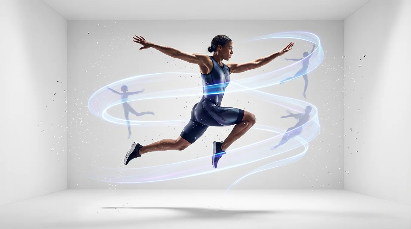 A photorealistic image illustrating the bullet time animation effect, showing an athlete frozen mid-leap against a white background as a streak of light swirls around her, indicating a 360-degree camera motion.