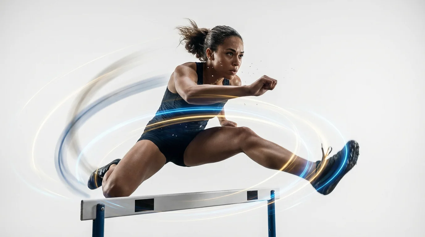 A cinematic shot demonstrating the bullet-time effect, showing a female athlete frozen in time mid-leap over a hurdle, with streaks of light swirling around her to indicate a moving camera perspective, all against a clean white background.