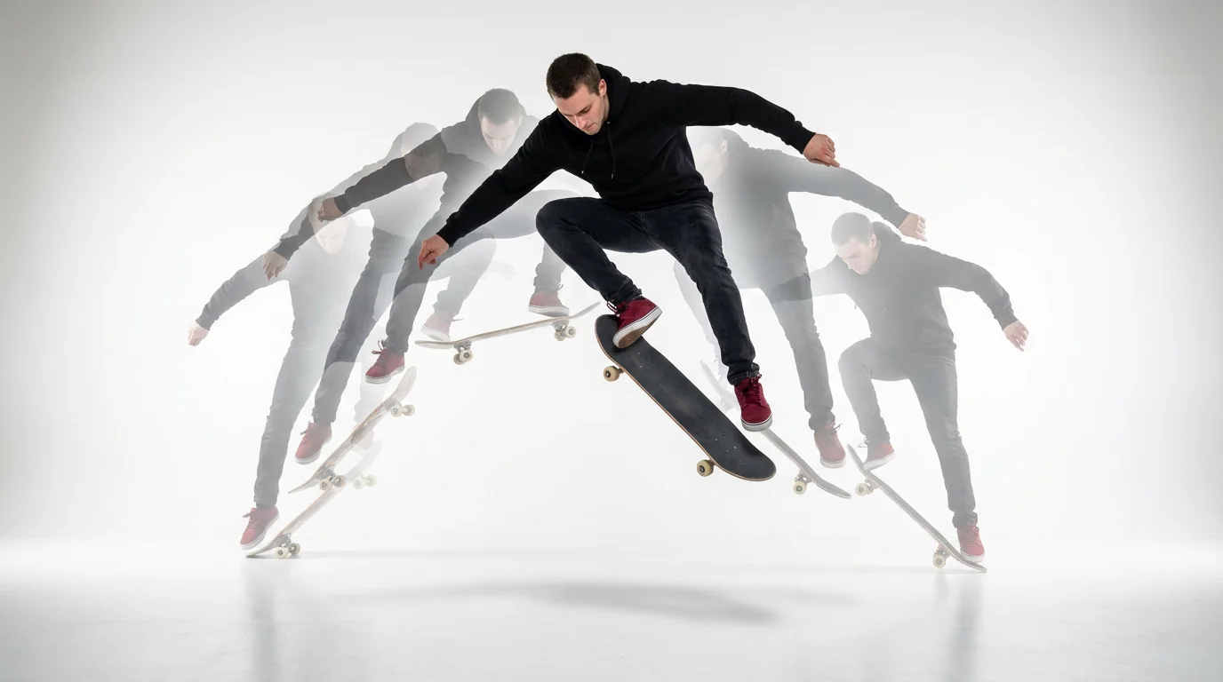 A photorealistic image demonstrating the bullet time effect: a skateboarder is frozen in mid-air doing a trick, with a visible arc of his previous movements trailing behind him, all against a clean white background.