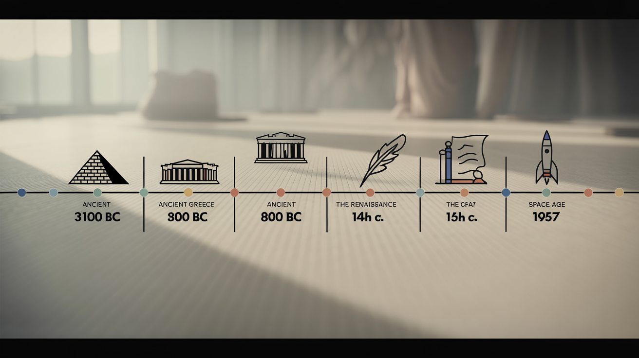 A professionally designed history timeline infographic, showing key historical events from Ancient Egypt to the Space Age with minimalist icons and dates in a clean, horizontal layout.