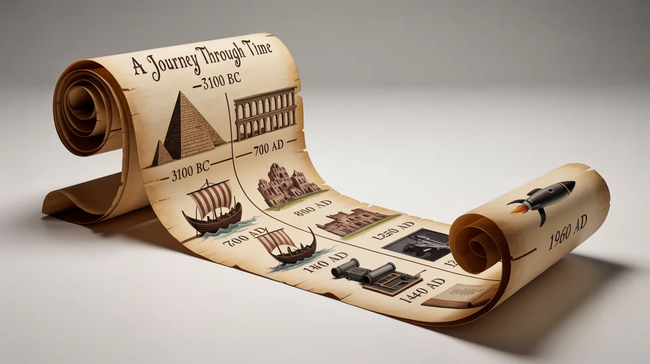 A mockup of a historical timeline presented as an ancient, unrolling parchment scroll on a white background, featuring illustrations of key historical events from the Egyptian pyramids to the space age.