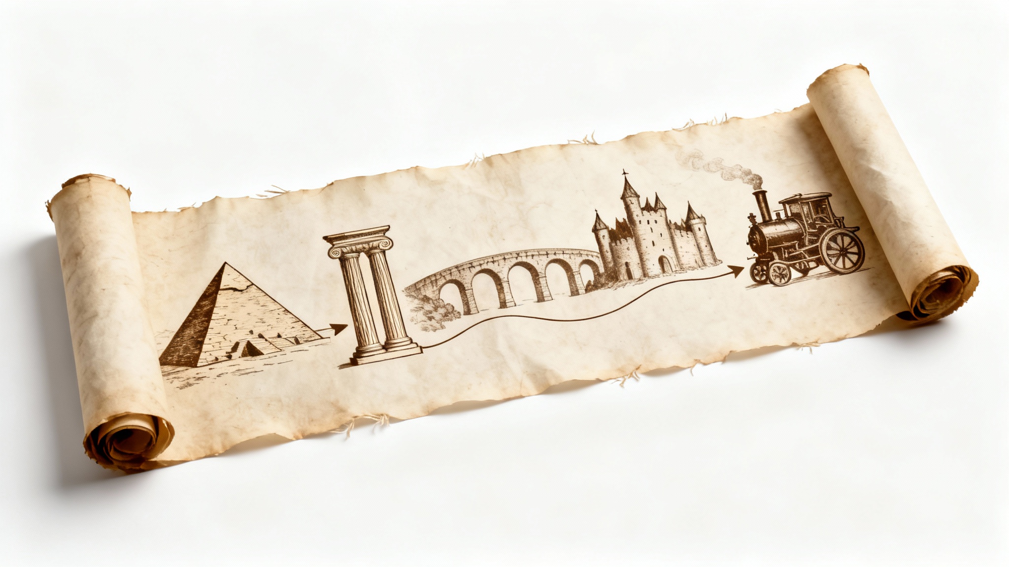 A visual representation of a history timeline depicted on a long, ancient scroll, featuring illustrations of historical eras from ancient Egypt to the industrial revolution.