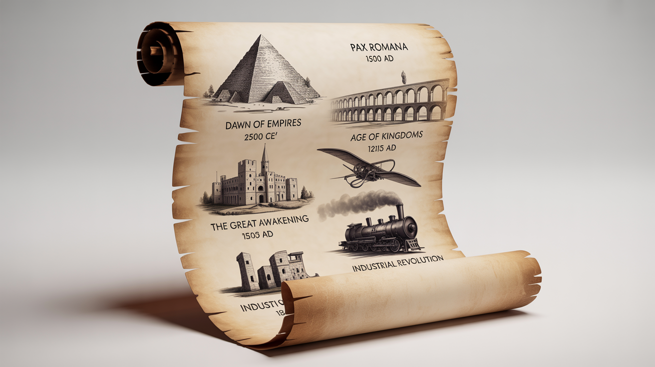 An unrolled, antique parchment scroll displaying a history timeline with illustrations of a pyramid, a Roman aqueduct, a medieval castle, and a steam locomotive, all set against a plain white background.