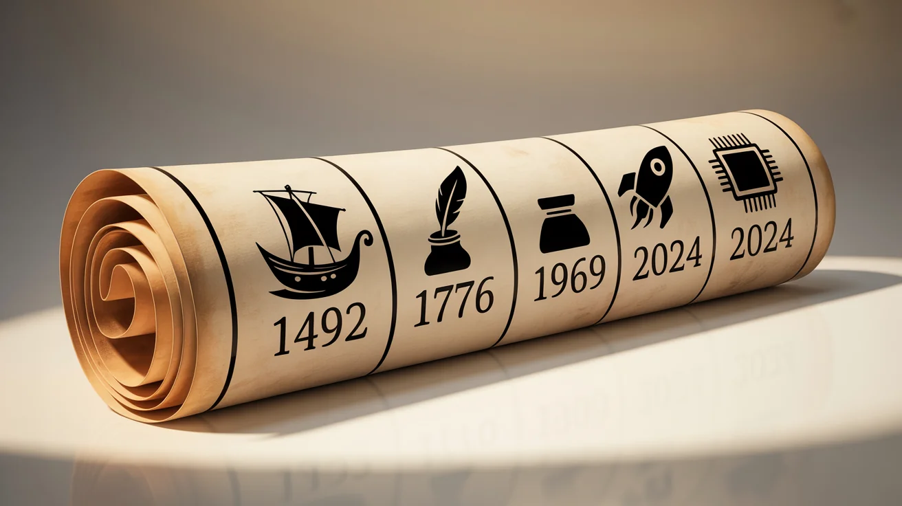 A 3D mockup of a history timeline on an unfurling parchment scroll, showing key dates and icons for major historical events, isolated on a white background.