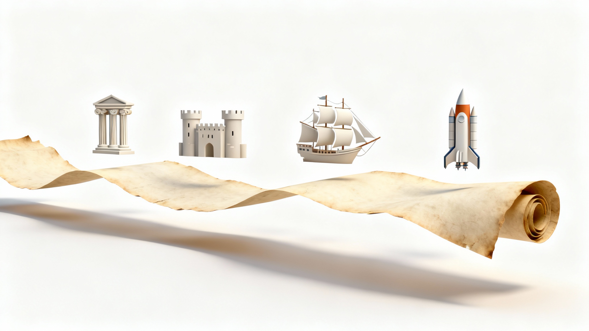 A 3D rendering of a historical timeline visualized as an unrolling parchment scroll with minimalist icons for different eras, such as a castle and a rocket, set against a clean white background.