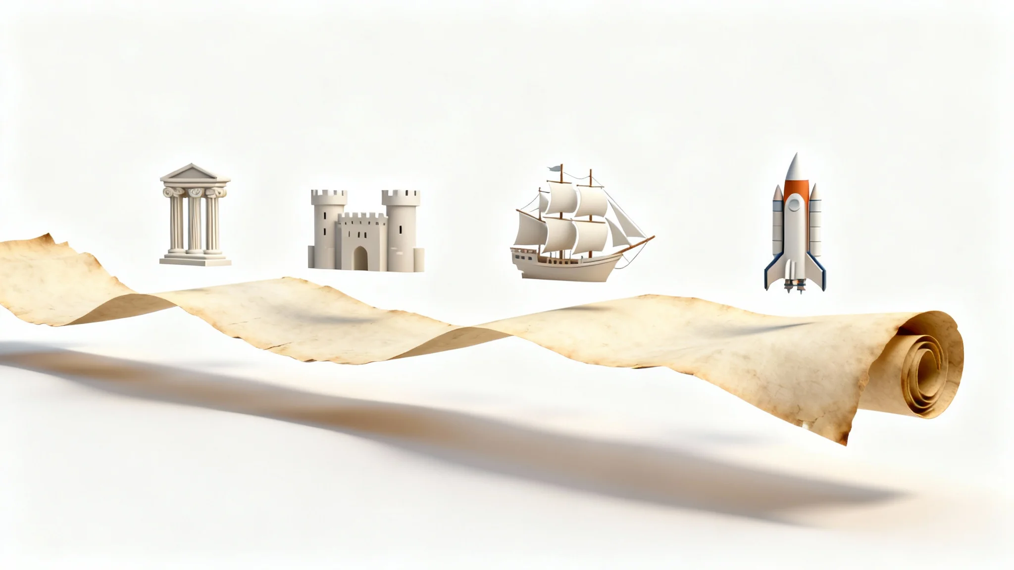 A 3D rendering of a historical timeline visualized as an unrolling parchment scroll with minimalist icons for different eras, such as a castle and a rocket, set against a clean white background.